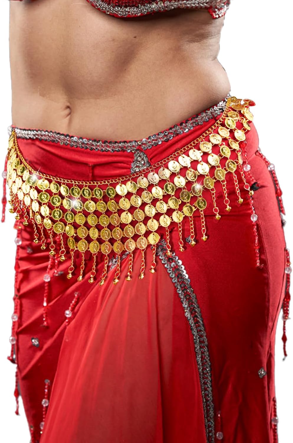 Eorbow 2 Pack Belly Dance Hip Scarf Belt, Dangling Coins Bellys Dancing Skirt, Belly Dancer Bottoms Halloween Costume Accessory for Women, Music Festival, Gold and Silver, 32 Short - Image 3