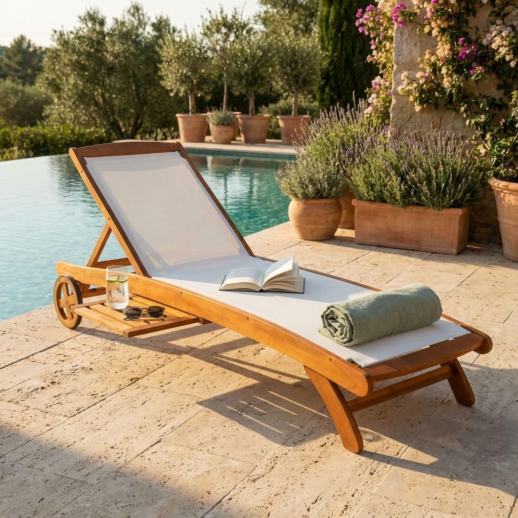 milani home - lettino prendisole da giardino, acacia e textilene, con ruote, schienale regolabile, ripiano laterale