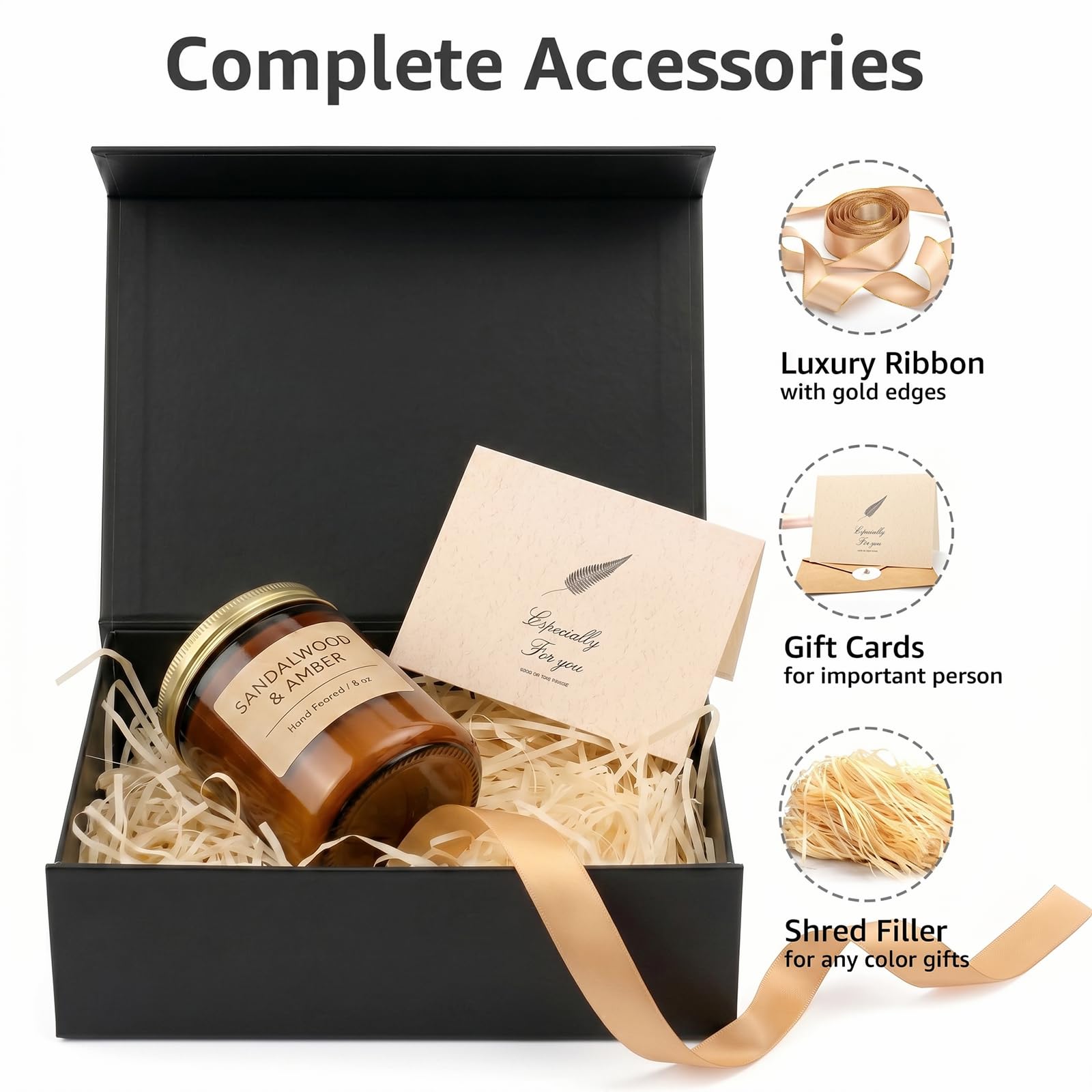 LIFELUM Confezione da 5 scatole regalo pieghevoli nere 24,1 x 17,8 x 8,9 cm, con coperchio magnetico, nastro, biglietti di auguri, riempitivo di carta triturata per la festa del papà, testimoni dello