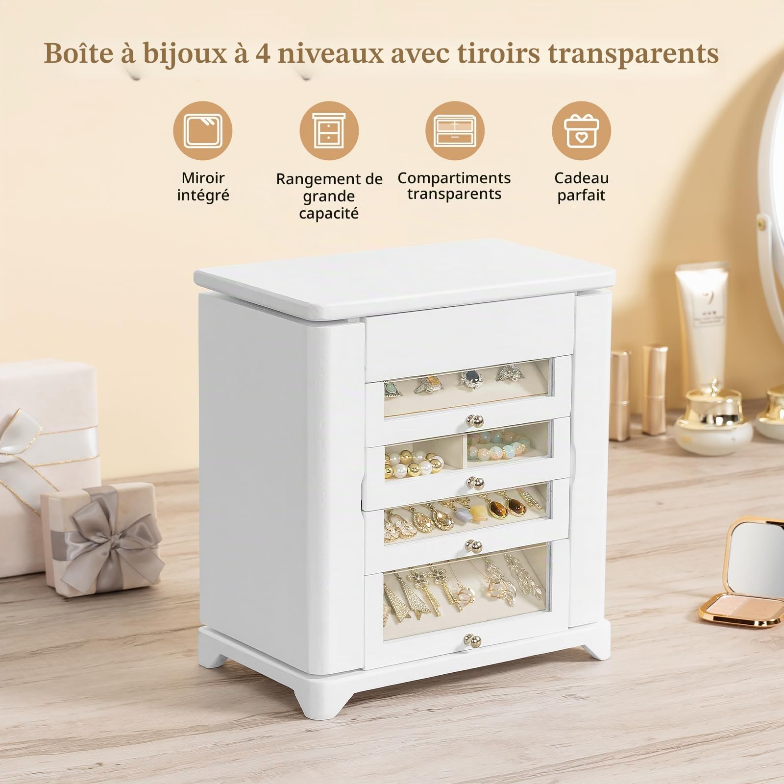 Grande coffret et organiseur de bijoux pour femme, rangement à bijoux en bois avec 4 tiroirs transparents, convient pour ranger colliers, bagues, bracelets, boucles d'oreilles（Blanc）