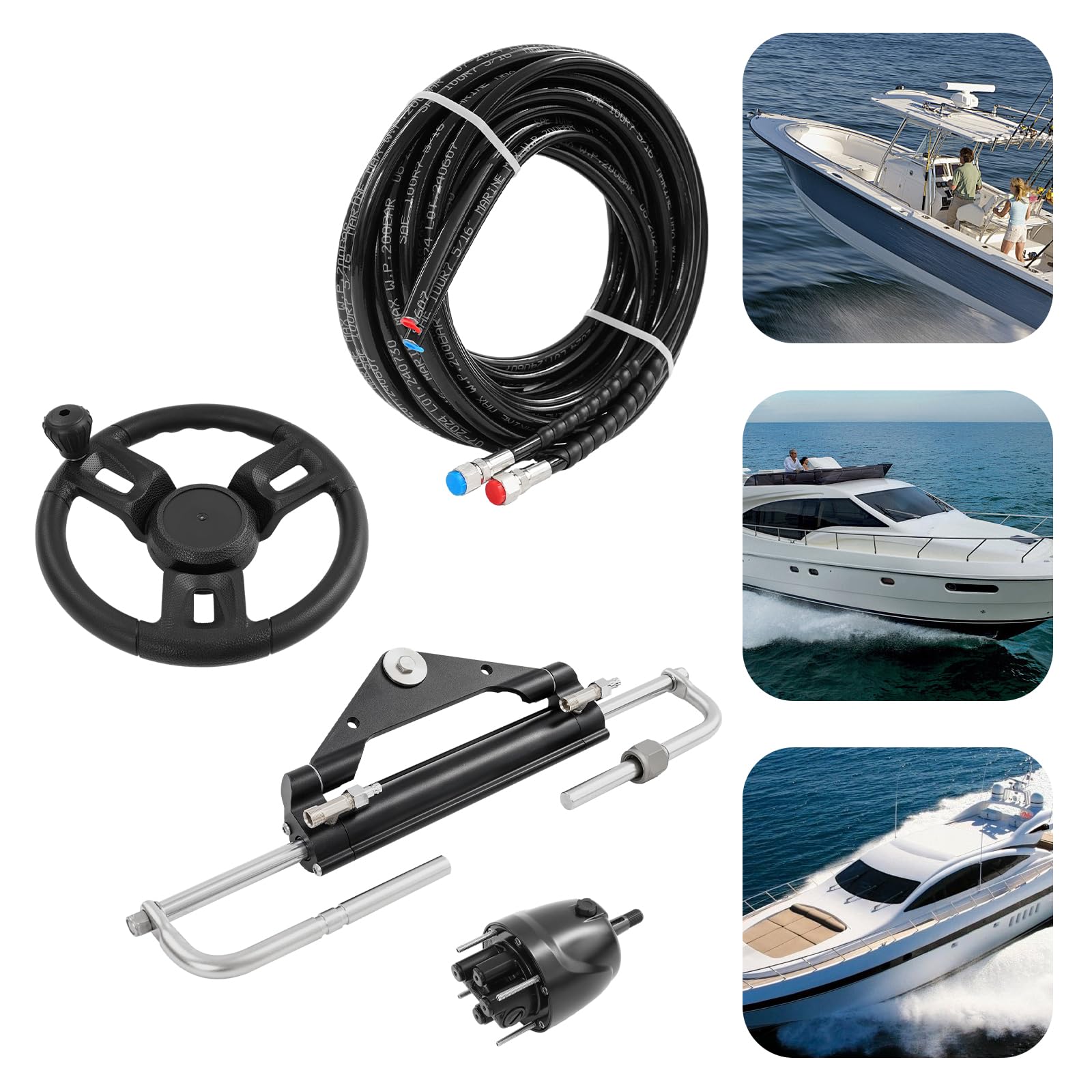 Kit de dirección hidráulica para fuerabordas hasta 150 CV, sistema de dirección de barco de 200 mm de carrera con bomba hidráulica, cilindro y mangueras. Sistemas de dirección marina para botes