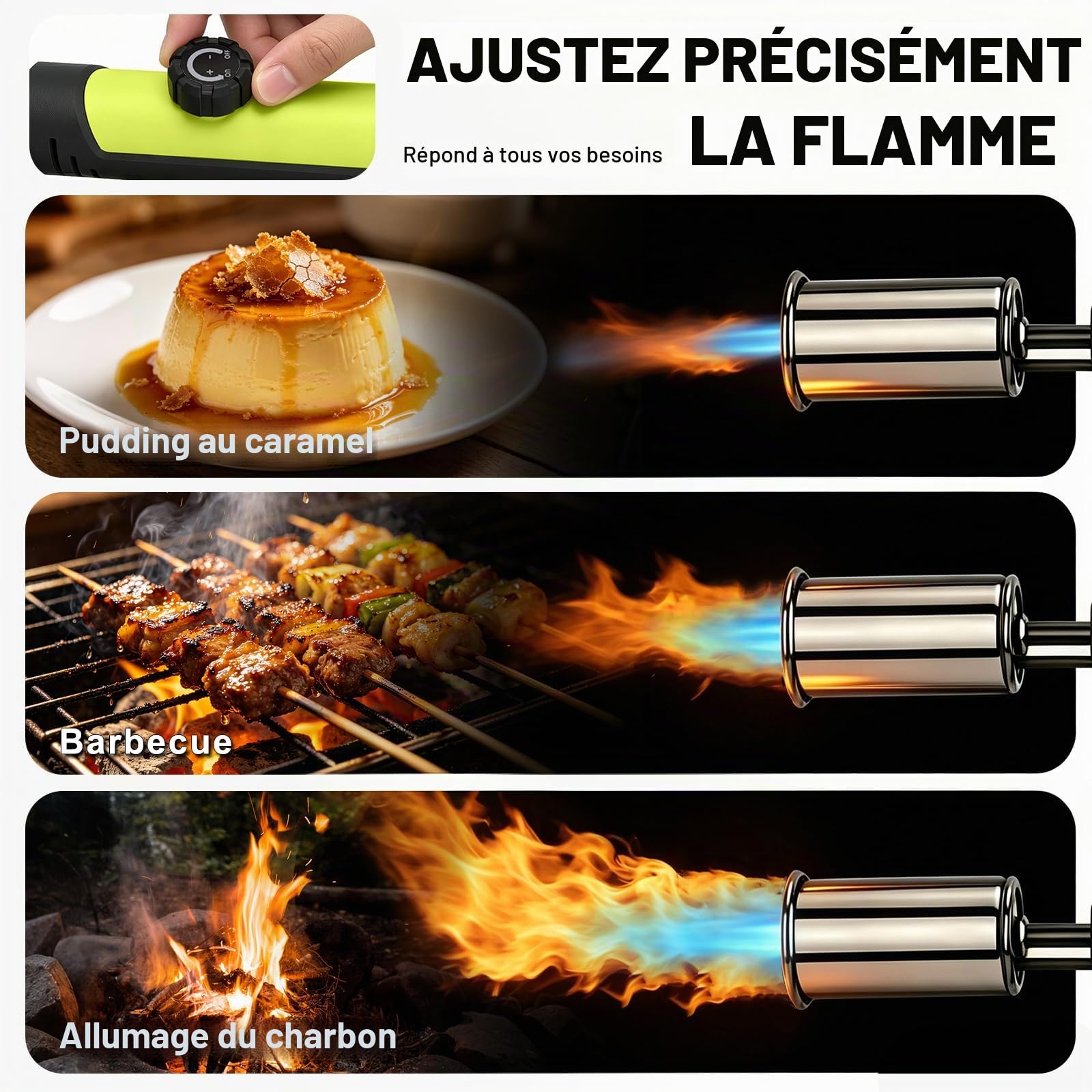 SEESE Torche puissante au propane, torche de cuisine avec feu maxi à une touche, allume-charbon avec verrou de sécurité, torche réglable pour sous vide, barbecue, feu de camp, cheminée (réservoir non