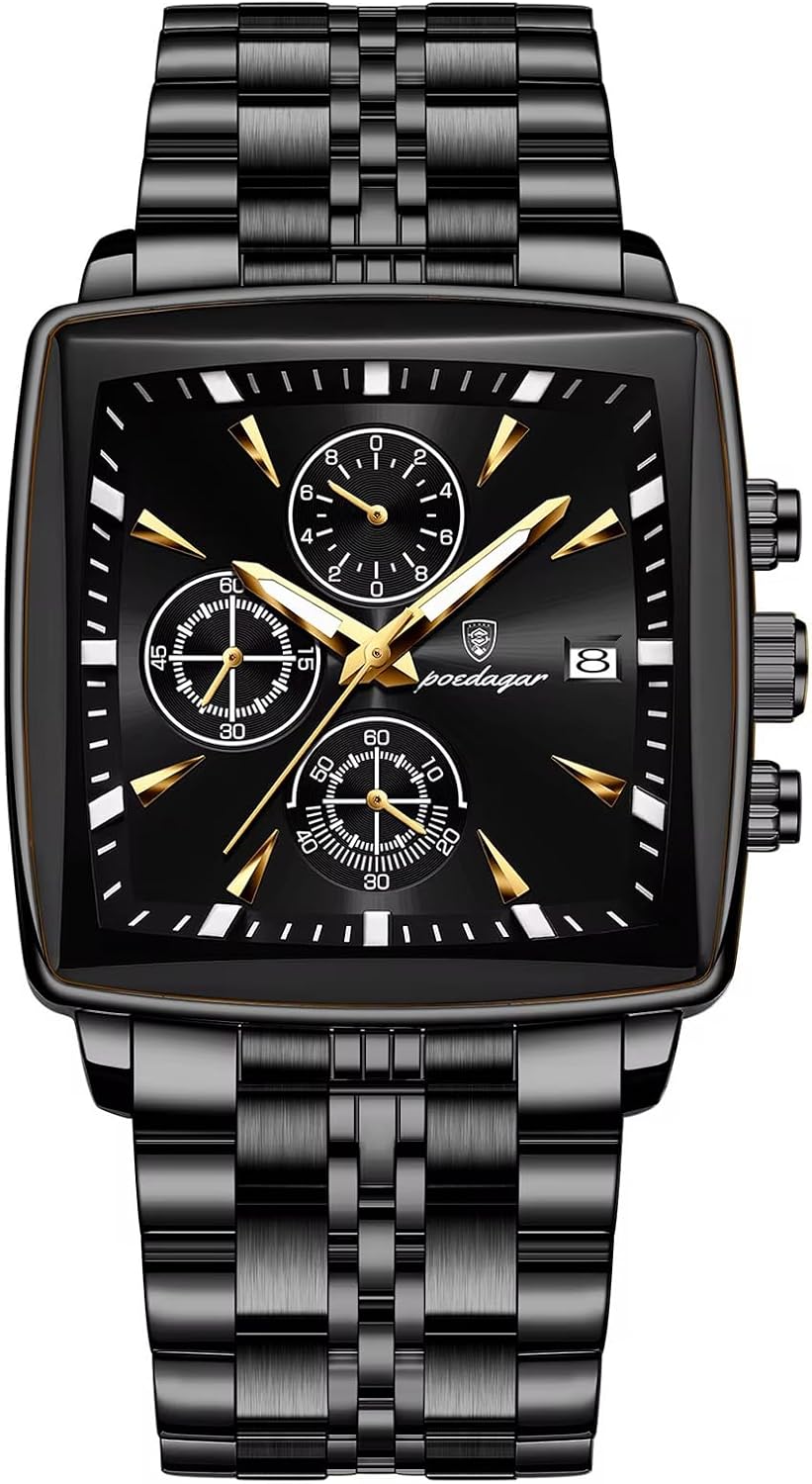 Poedagar Men's Quartz Chronograph Wristwatch Model 866, black dial and stainless steel strap.