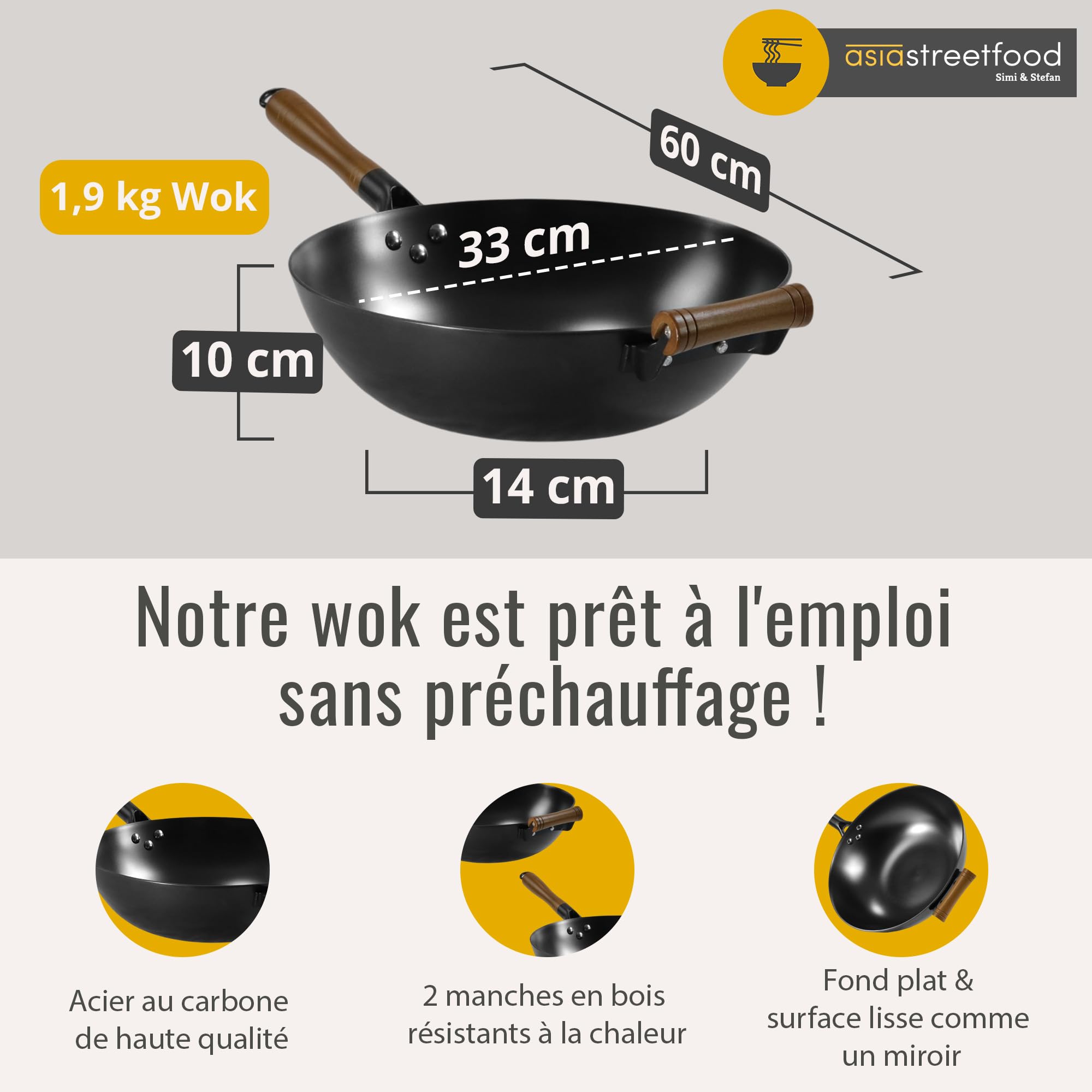 Wok en acier au carbone Ø 26 cm – Fond plat et poignée en bois – Utilisable sur gaz, induction et vitrocéramique – Prêt à l’emploi, sans culottage