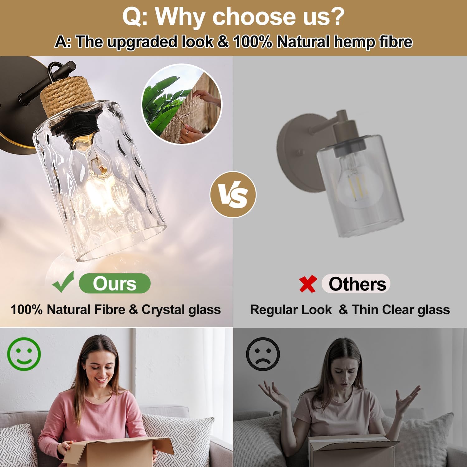 MOKATNG Set of 2 Wall Sconces for Bathroom, Coastal Modern Vanity Lights with Clear Glass Shade, Brown and Gold Bathroom Wall Lamp for Mirror Kitchen Living Room Hallway Cabinet Porch