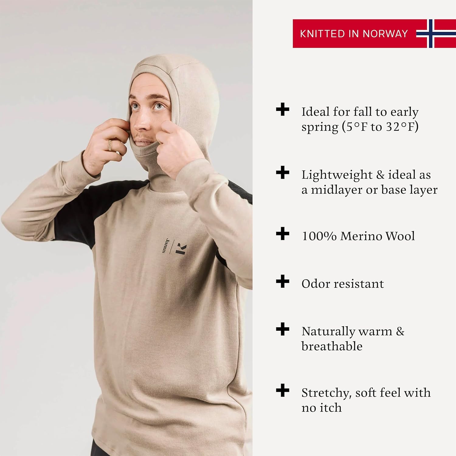 Janus Wool Kleveland Merino Hoodie Base Layer - 100% Wool Fleece Sweatshirt - Essential Under Helmet Warmth & Protection