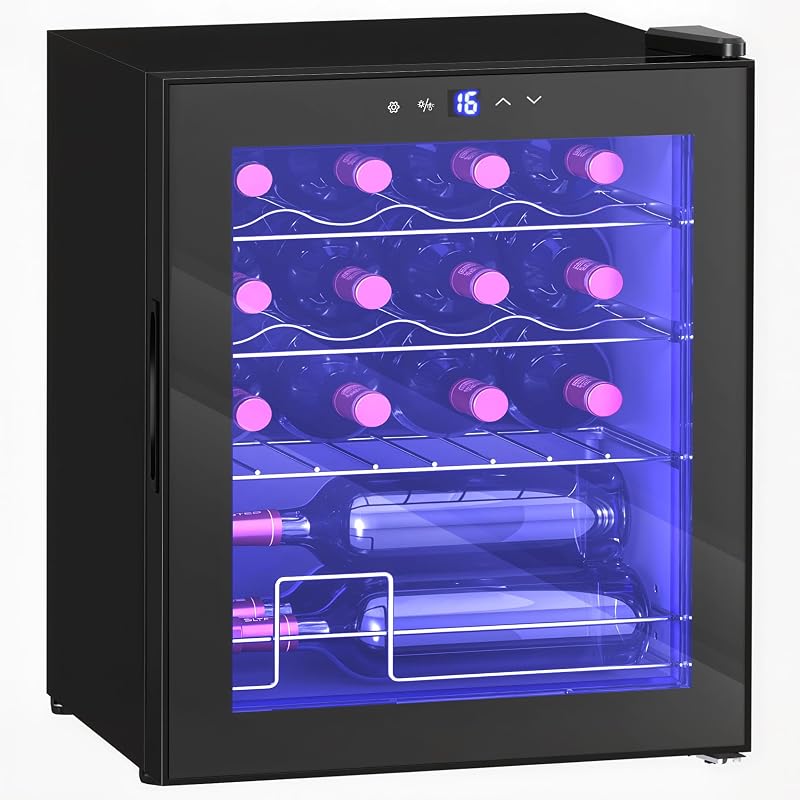 HOMCOM 42L Wine Cooler, 16 Bottles, 5-18° Freestanding Wine Fridge with Glass Door, LED Light, Temperature Control and Digital Touch Screen, Black