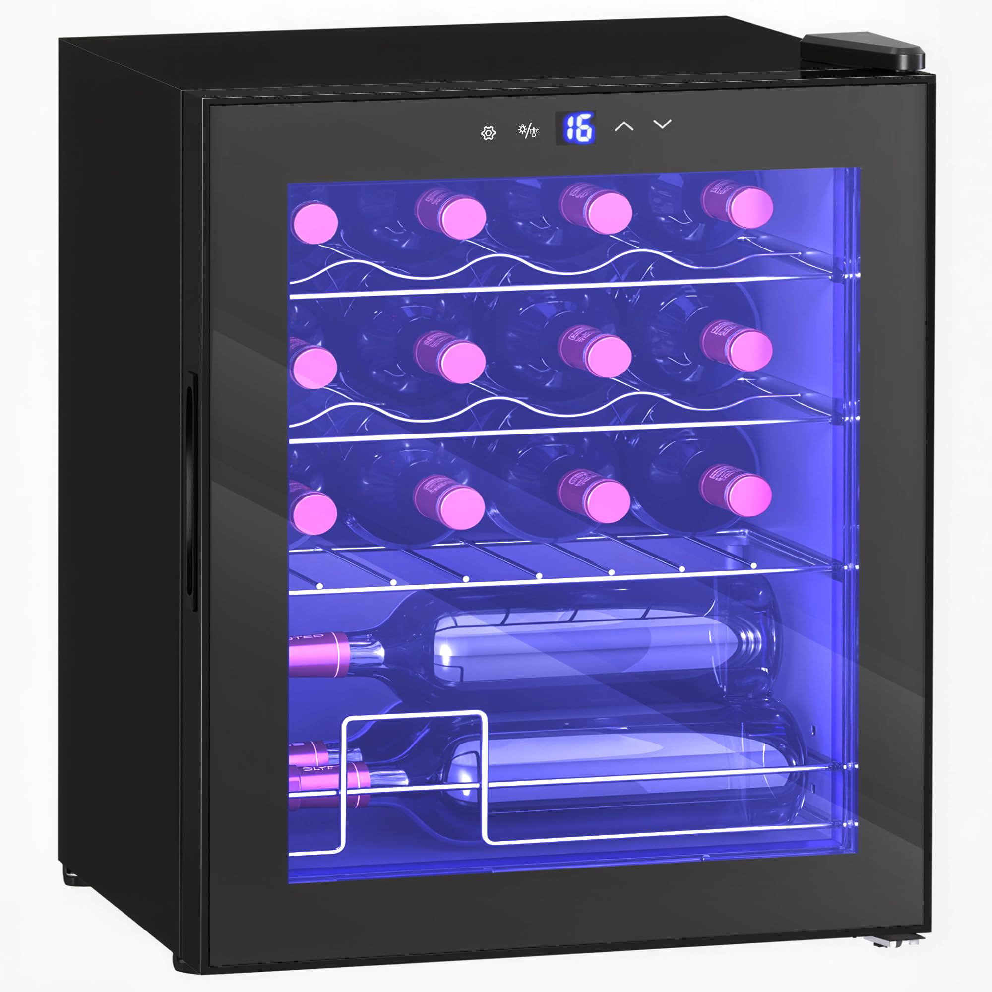 HOMCOM Frigorifero per vino, 16 bottiglie, 42 l, frigorifero per bevande, frigorifero per bottiglie 5-18 °C, con ripiano regolabile, touchscreen, porta in vetro, illuminazione a LED, colore nero