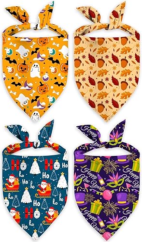 Paquete de 4 pañuelos navideños para perros, ajustables para Halloween, Acción de Gracias, Navidad, Año Nuevo, fiestas, decoraciones para mascotas,