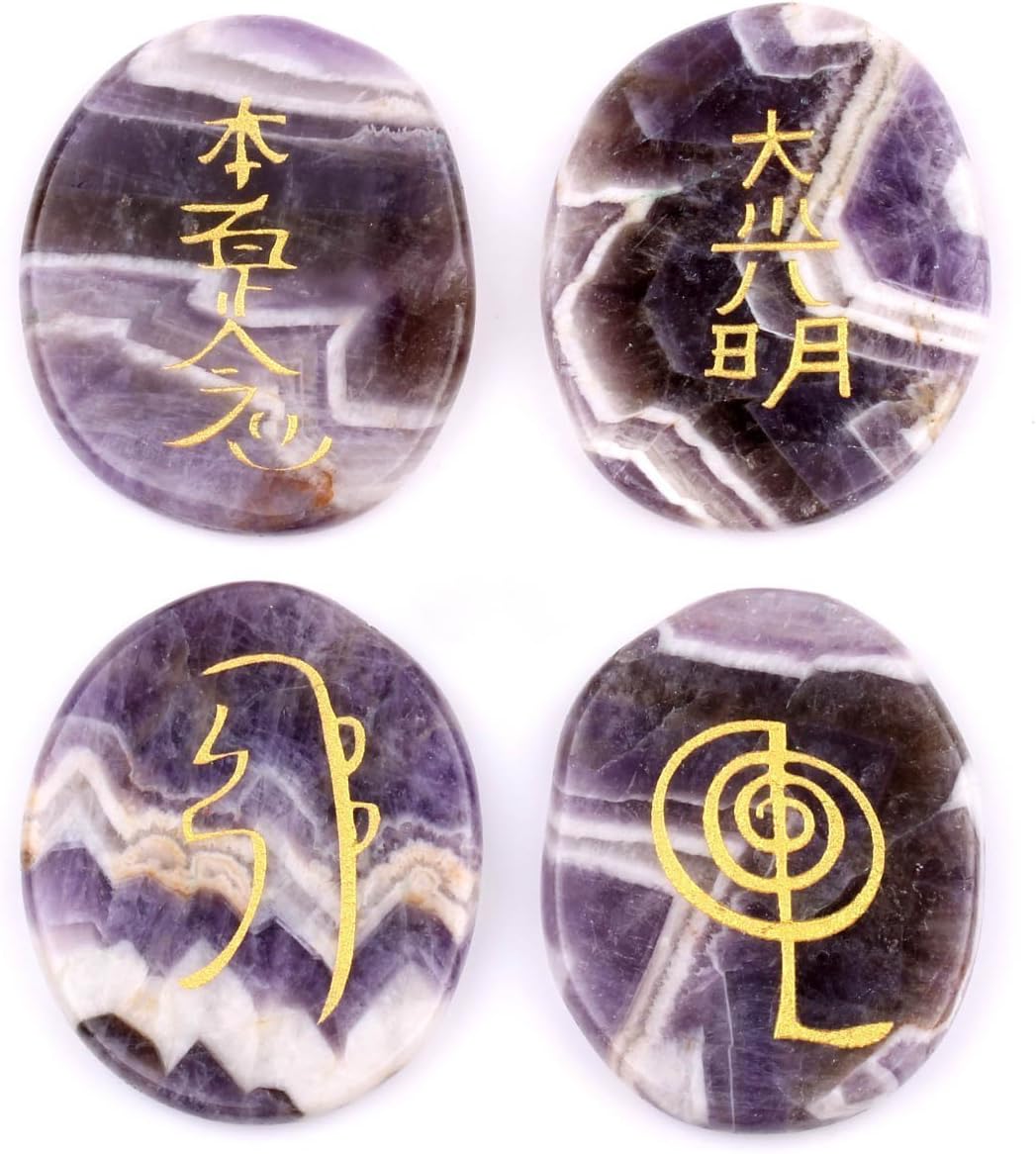 Kala Emporium : 4pcs Engraved Chakra Amethyst Stone Palm Stone Crystal reiki symbols