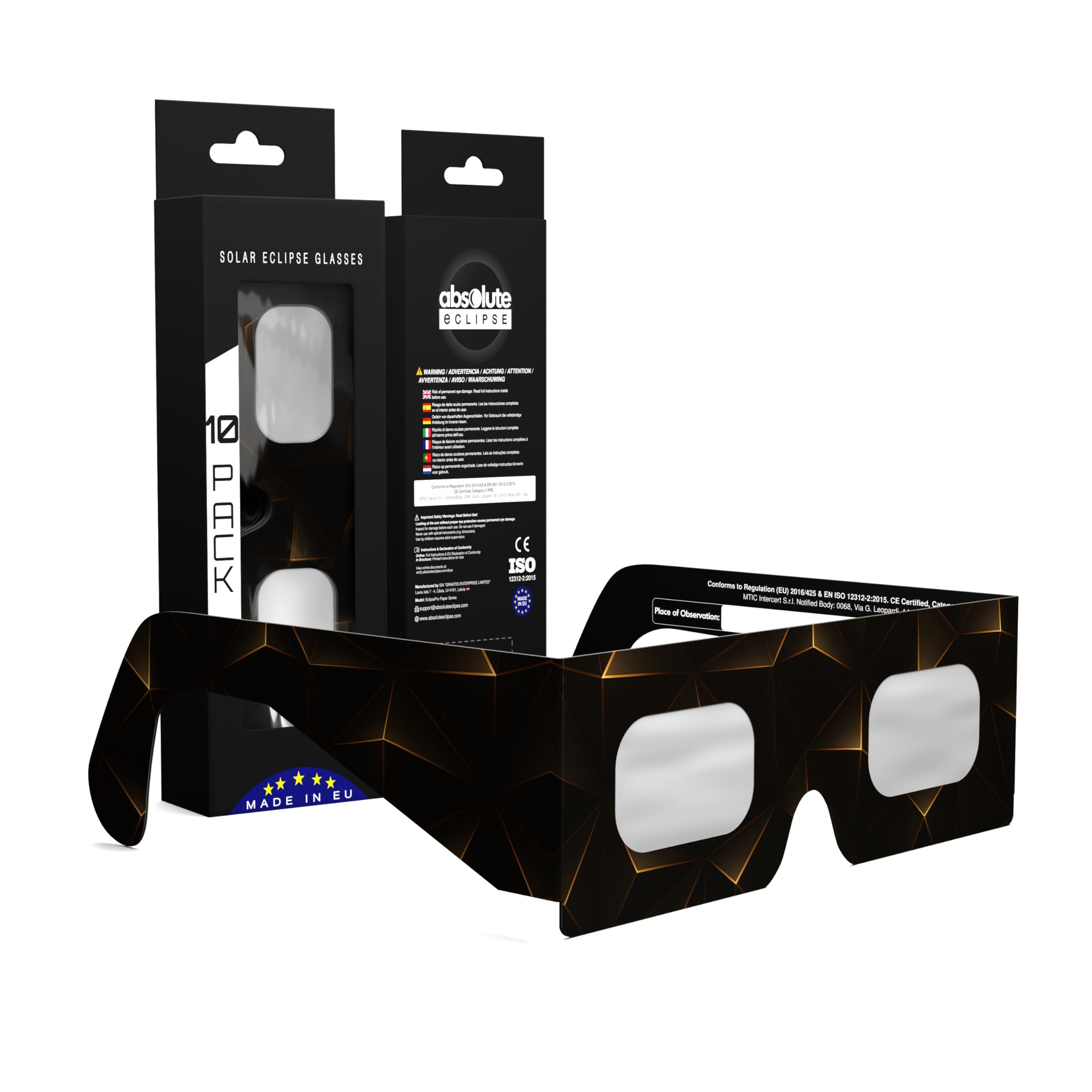 Solar Eclipse Glasses ISO 12312-2 & CE Certified – Safe Solar Viewing for Direct Sun & August 2026 Eclipse | Paper Cardboard Frame, Made in EU | For Kids & Adults | 10 Pack | Goldline
