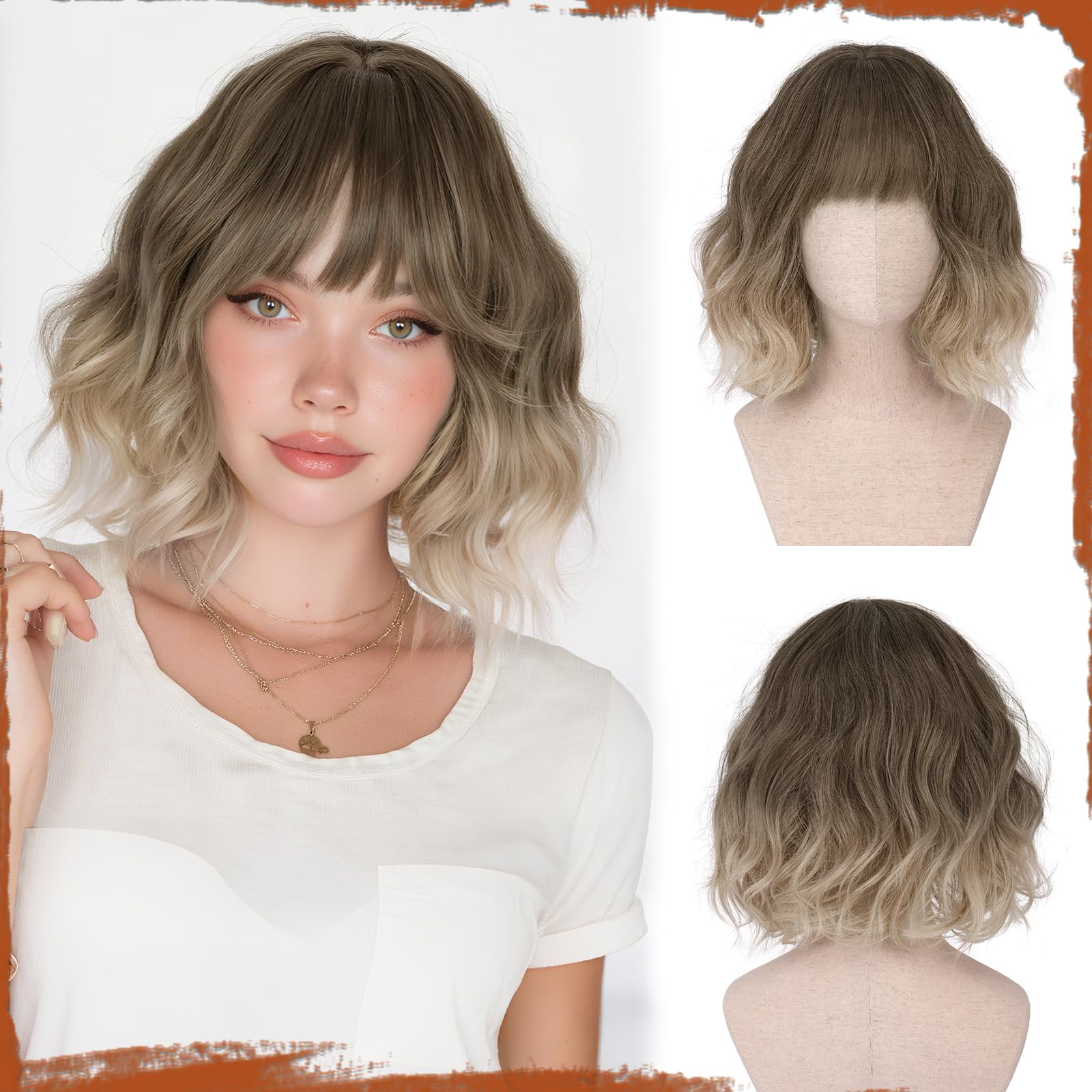 Parrucca Bob Ondulata 30 cm Ombra bionda Sintetica Resistente al Calore per Donna Cosplay