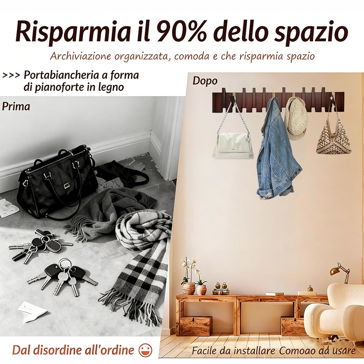 Gancio appendiabiti da parete moderno in legno massiccio – Gancio appendiabiti a parete per cappotti cappotti e borse – Modanatura decorativa da parete, forte resistenza, ideale per corridoio, camera