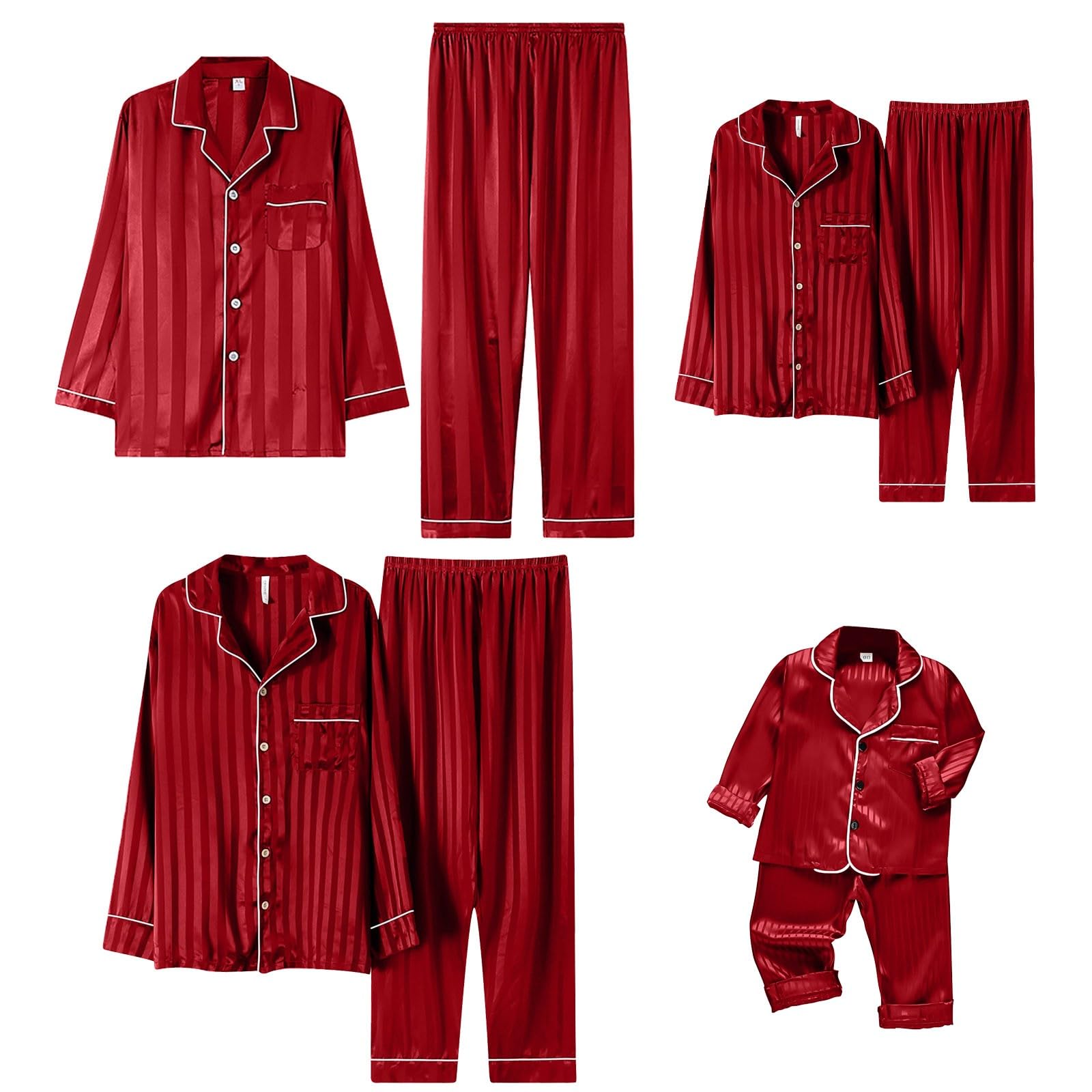 CGGMVCG Silk Satin Christmas Outfits for Family Striped Button Down Shirt and Pants Xmas Clothes Matching Sets (Wine, 12-18)