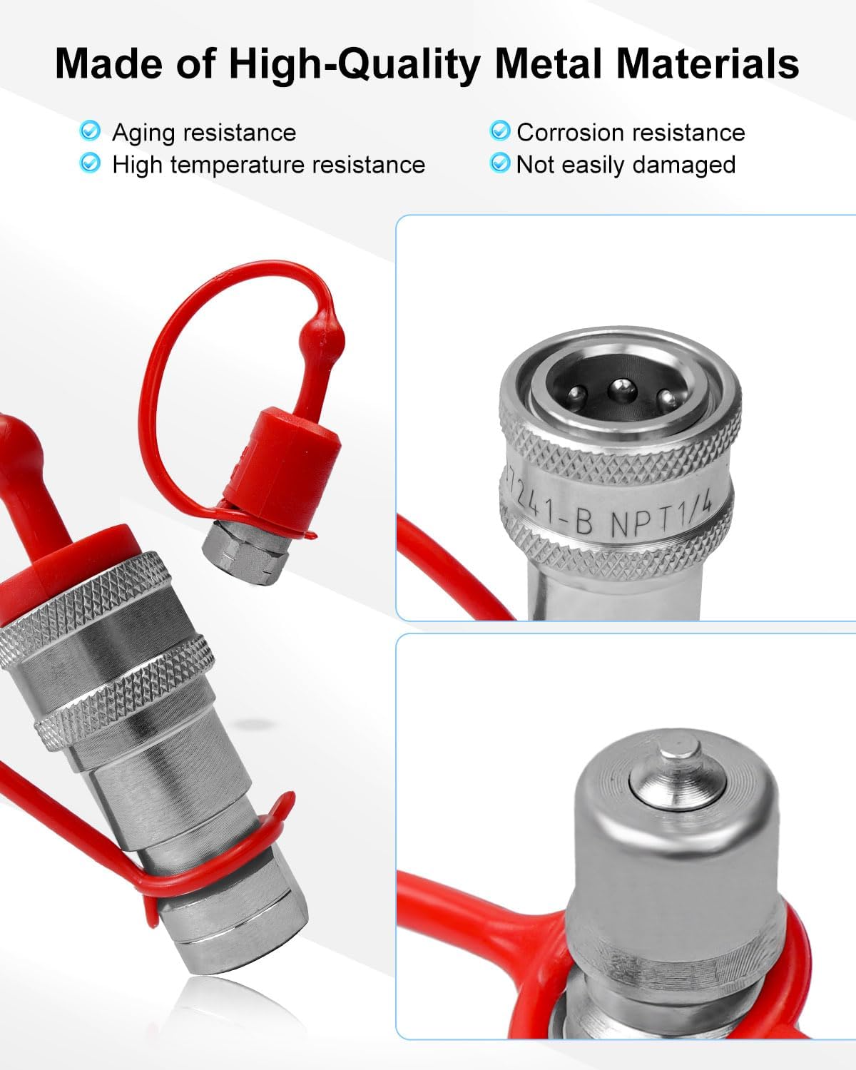 Hydraulic Coupler 1/4" NPT ISO 7241-B with Dust Caps, Hydraulic Quick Connect Couplers/Couplings 1/4” Body Size + 1/4” NPT Thread Poppet Valve, Hydraulic Quick Connect Tractor Couplers, 2Pcs