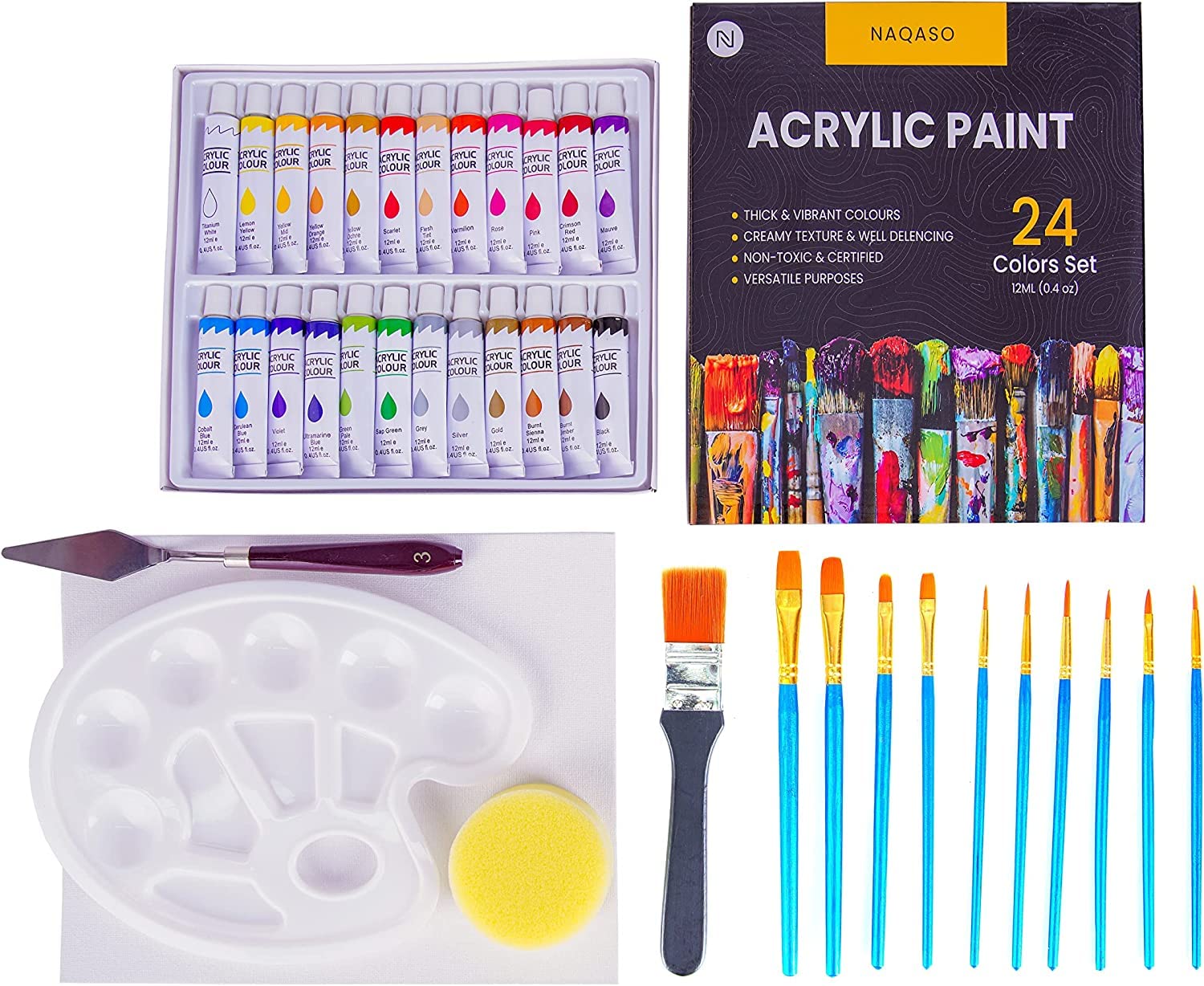 NAQASO 39 pcs. Acrylic Paint Set, 24 Acrylic Colors, with 1 Canvas, 10 Art Brushes, 1 Flat Brush, 1 Paint Plate, 1 Painting Knife, 1 Sponge. Art Supplies, Painting Supplies, Painting Kit, Drawing