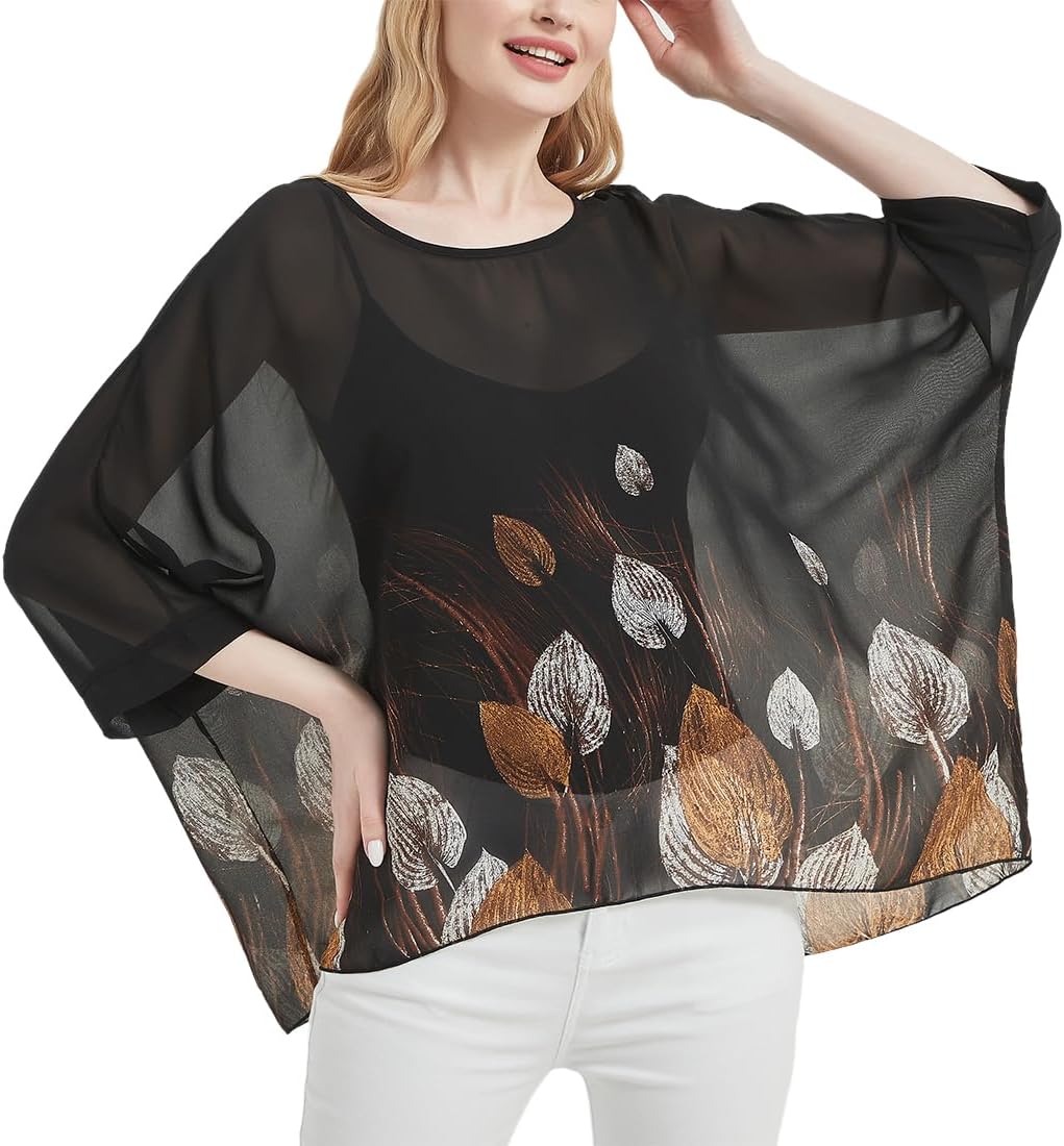 Women's Loose Alicia Floral Print Chiffon Blouse Batwing Blouses Bohemian Flowy Tops Top T-Shirt