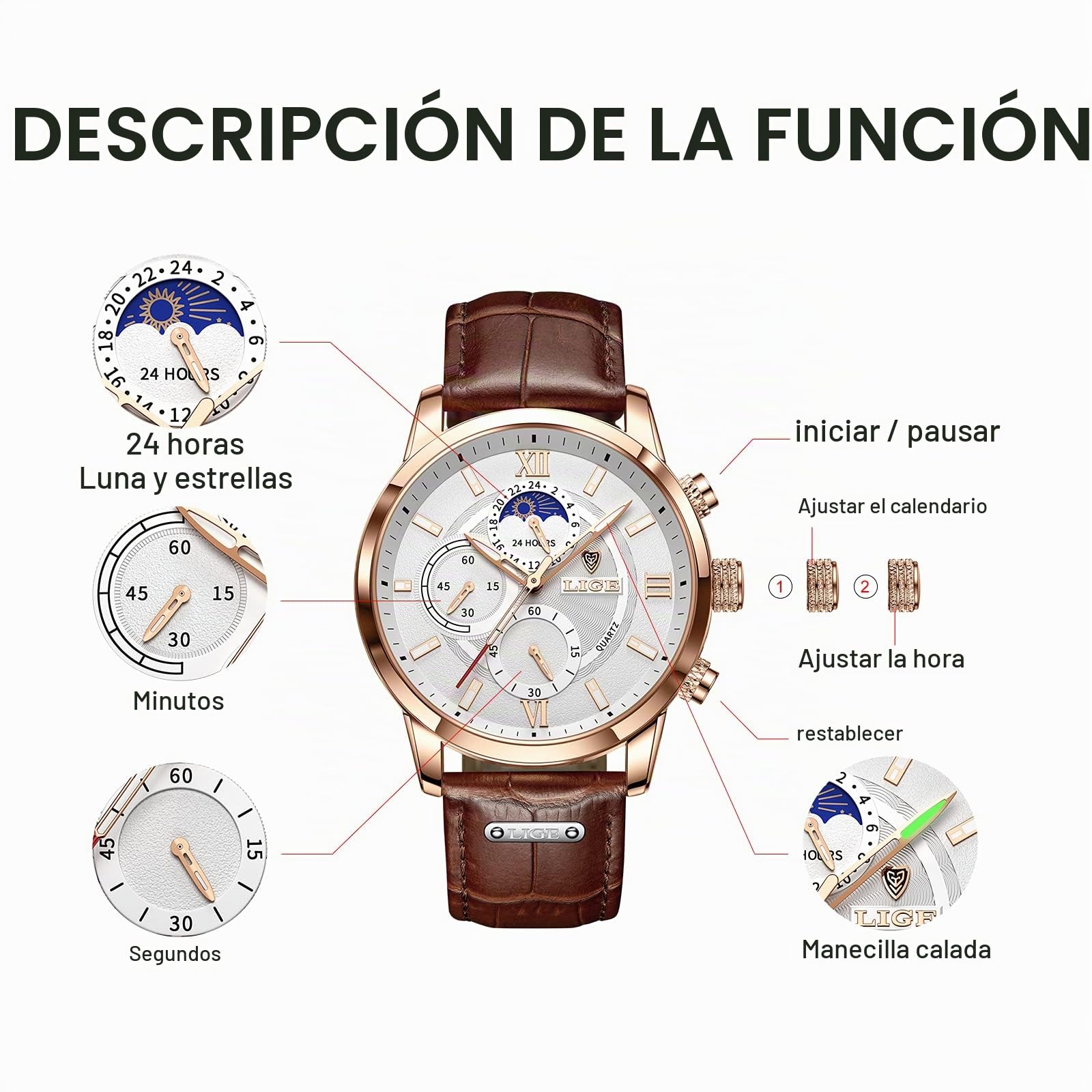 LIGE Relojes Hombre, Reloj de Pulsera de Cuero con Correa de Cuero para Vestido de Negocios de Cuarzo Analógico a Prueba de Agua a la Moda para Hombres