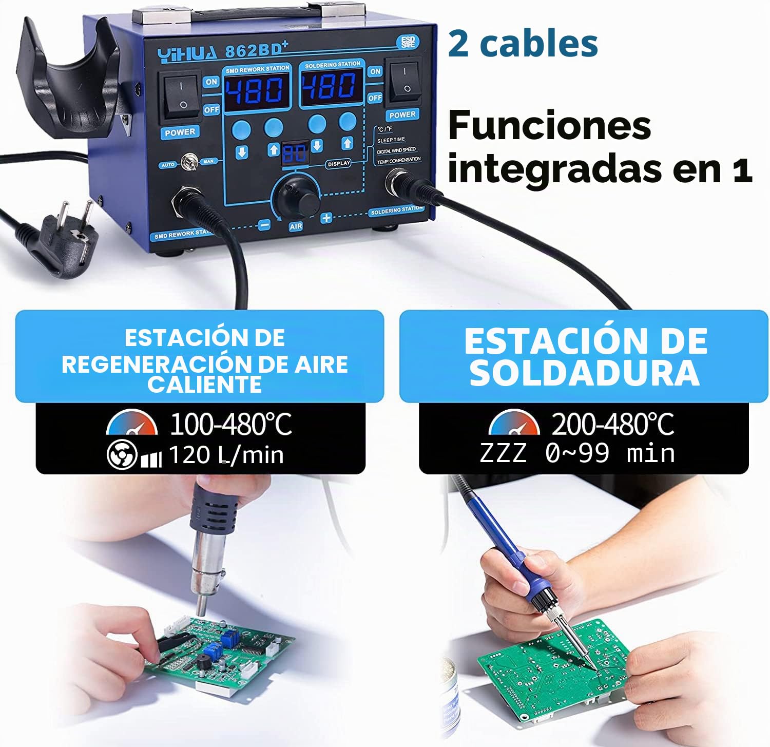 YIHUA 862BD+ Estación De Soldadura 2 En 1 SMD Con Soldador Aire Caliente Y Soldador Estaño Profesional, Estabilización De Temperatura Para Electrónica, DIY, retrabajos Y Reparaciones (UE)