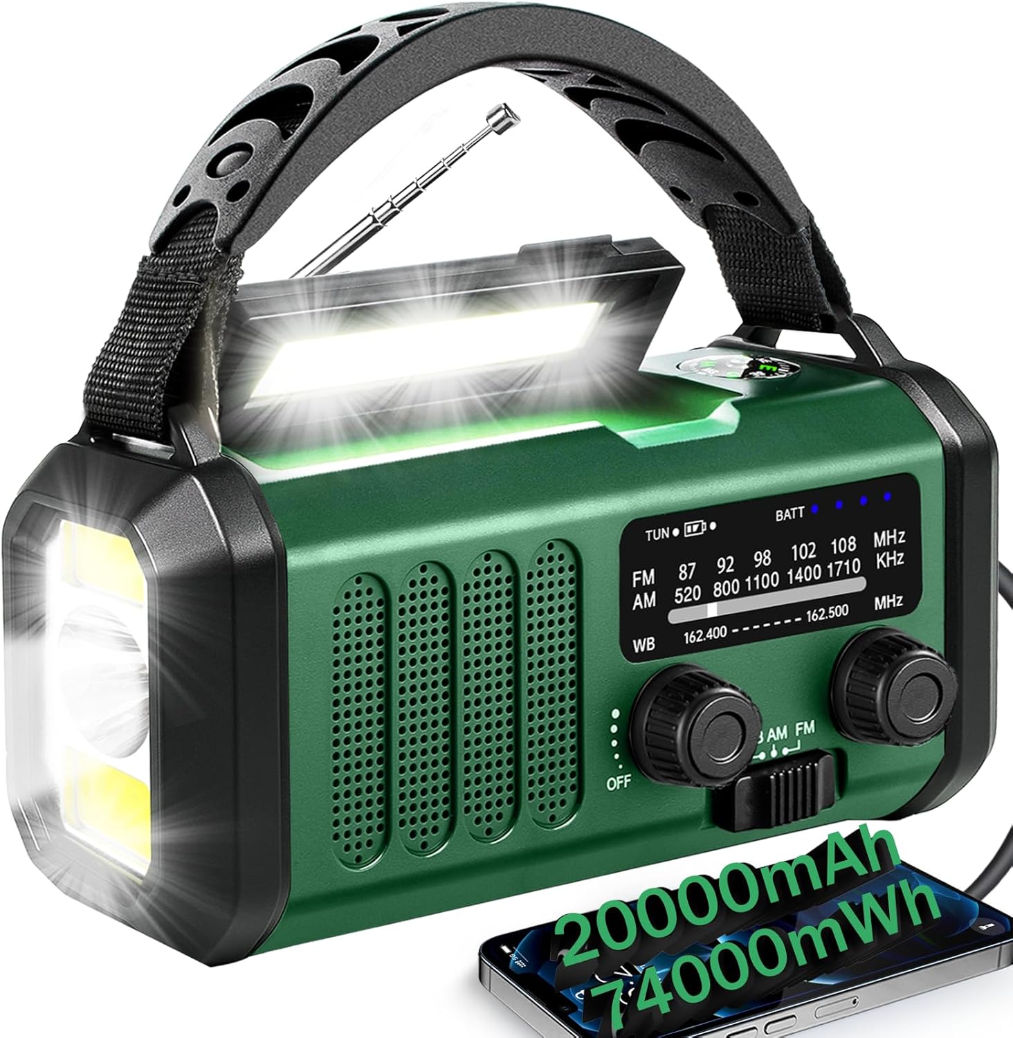 Hand Crank Emergency Radio,74000mWhSolar Powered Hand Crank Moveable NOAA AM FM Climate Radio with 3Mode Flashlight and Studying Mild,Cell Cellphone Charger,Residence and Emergency Misery Signall