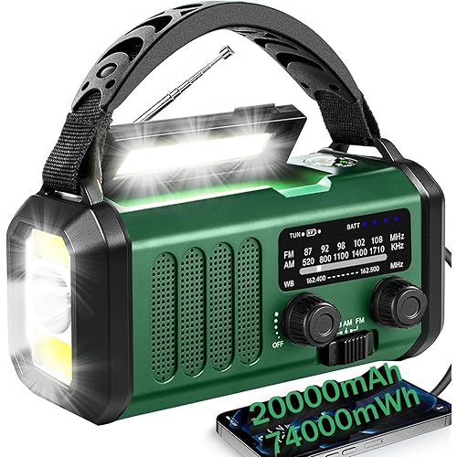 Hand Crank Emergency Radio,74000mWhSolar Powered Hand Crank Portable NOAA AM FM Weather Radio with 3Mode Flashlight and Reading Light,Cell Phone Charger,Home and Emergency Distress Signall