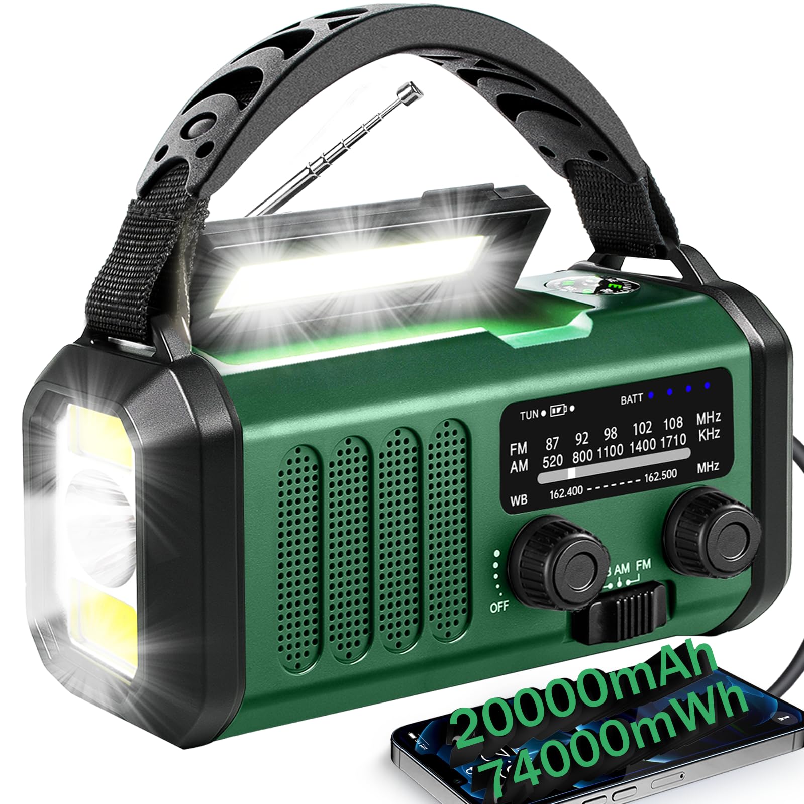 QAUYYW Hand Crank Solar Emergency Radio,74000mWh NOAA AM FM Weather Radio