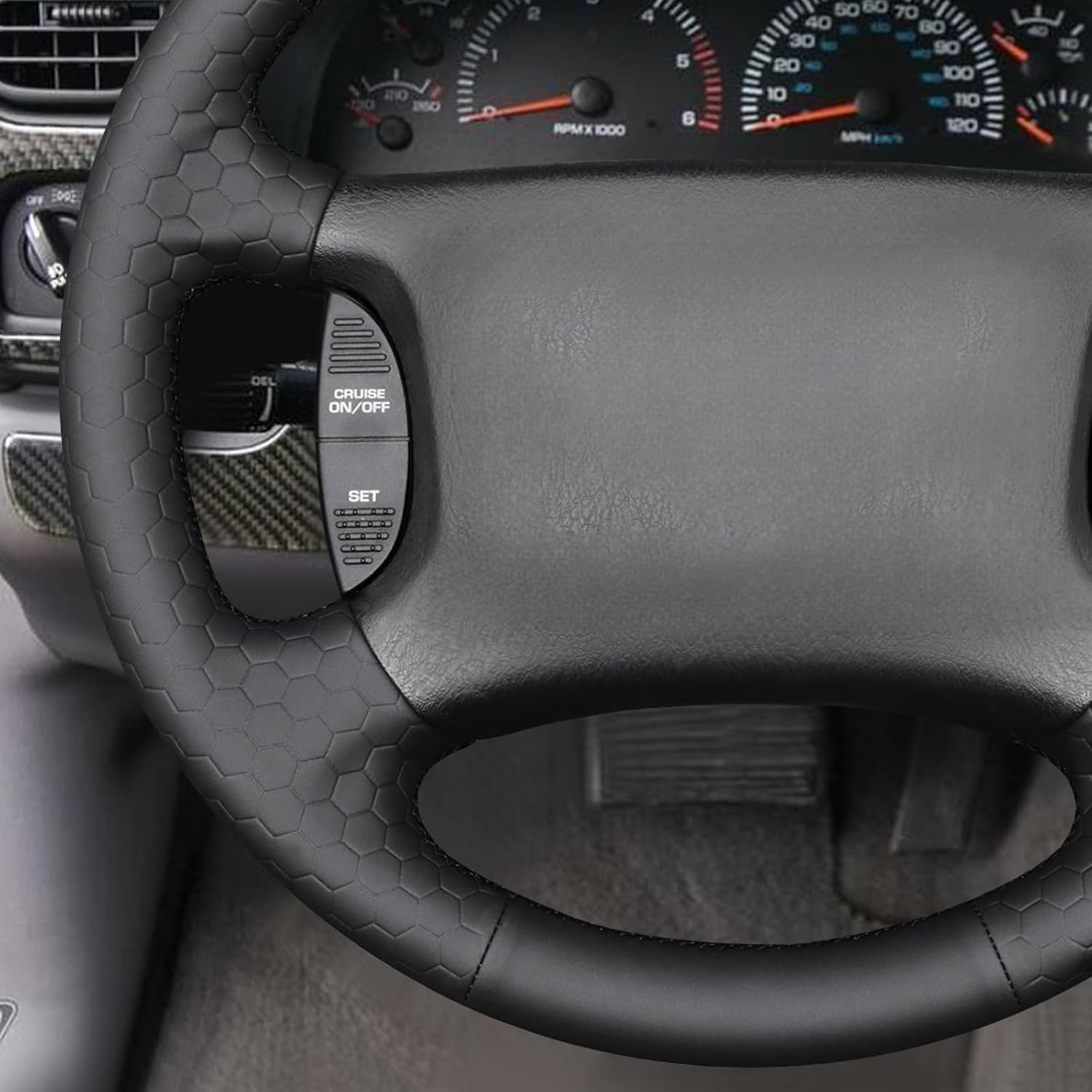 MEWANT Hand Stitch Black Smooth Hexagon Embossed Faux Leather Steering Wheel Cover Wrap for Dodge Ram 1998-2002