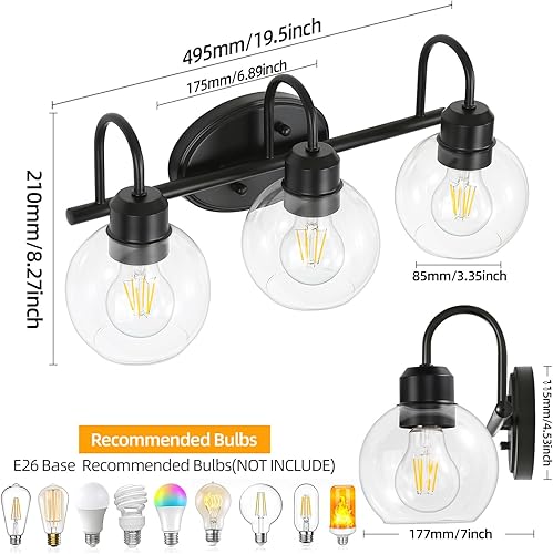 Miniatura 8 de Lámparas de tocador de baño de 3 luces, apliques de pared de baño negro mate, lámparas de pared modernas con pantallas de vidrio transparente,