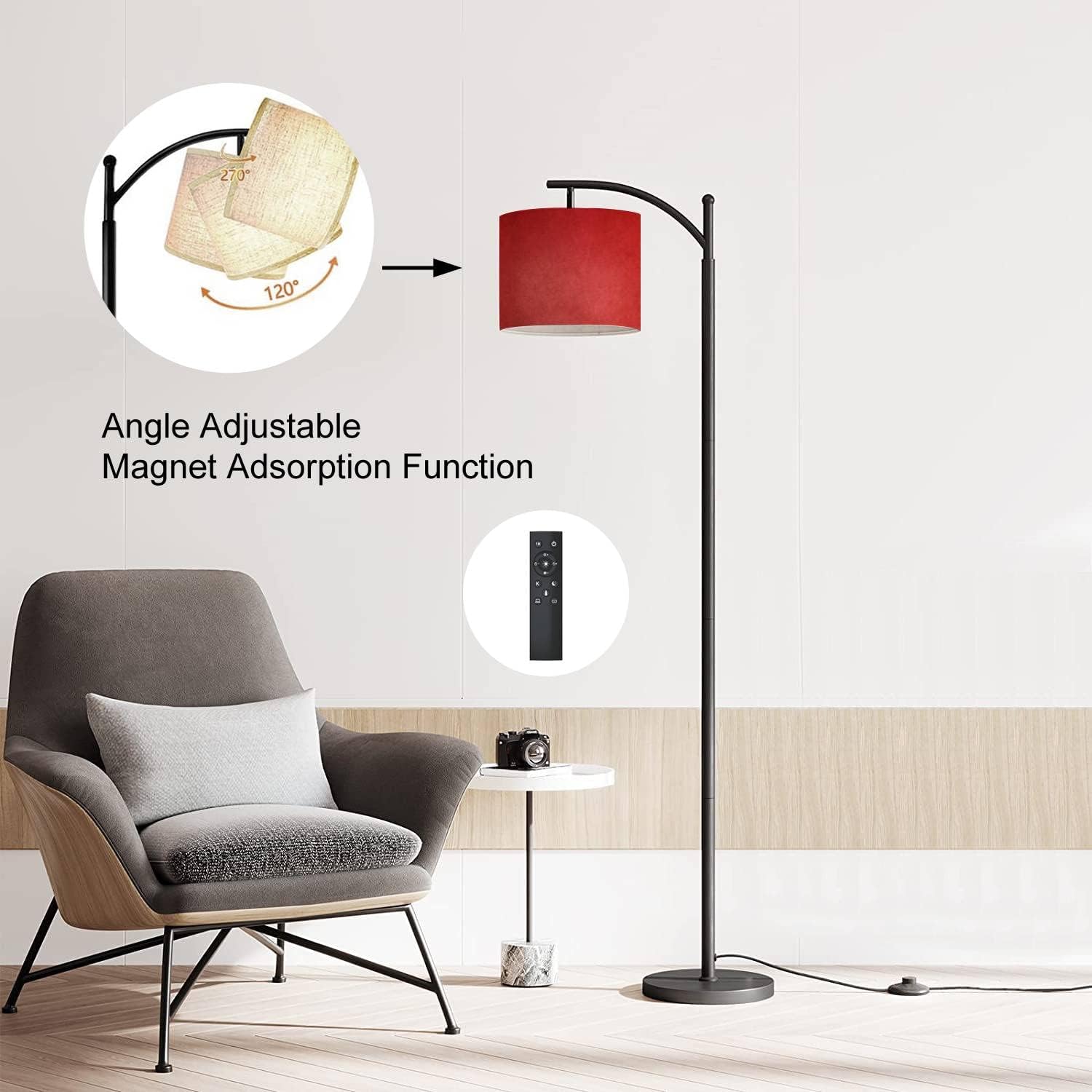 Modern Arc Floor Lamp with Dimmer Mid Century Abstract red Brushed Texture Cement Concrete Metal Standing Lamp with Linen Shade Footswitch for Living Room Bedroom Office