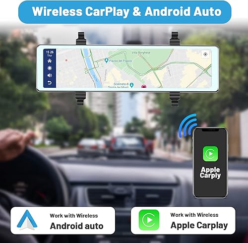 Miniatura 2 de Hikity Cámara de espejo retrovisor frontal y trasero con CarPlay Android Auto, cámara inteligente de espejo retrovisor de 11.26 pulgadas con cámaras