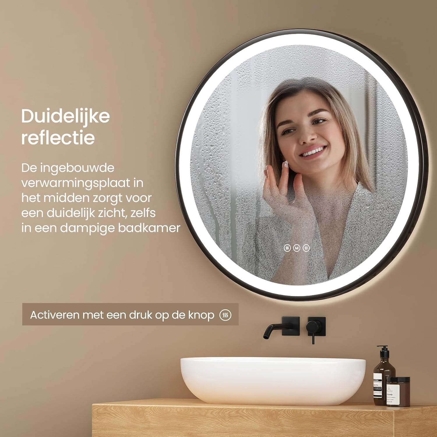 EMKE mirror with anti-fog function active, showing a clear reflection in a steamy bathroom