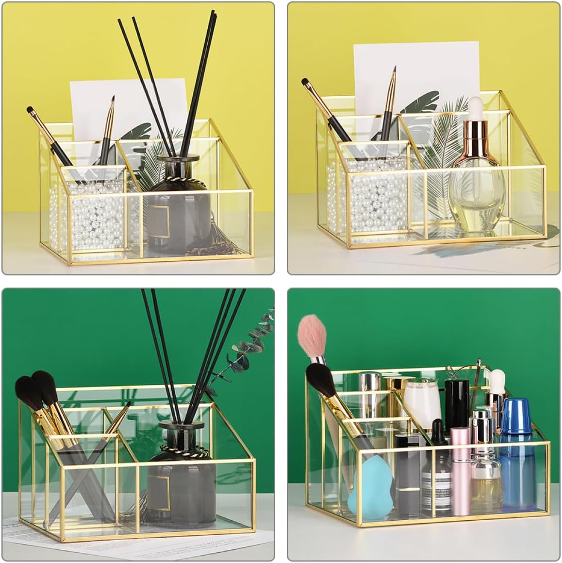 Glass Cosmetic Display Case Gold Trim, Large Capacity Makeup Organizer for Vanity, Lipstick, Jewelry, Makeup Brush, Eyeliner Holder,