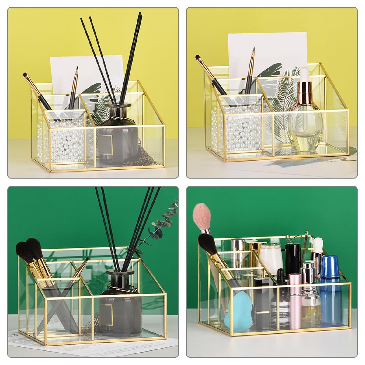Ipetboom Scatola Portaoggetti per Trucco in Vetro Trasparente Struttura in Metallo Organizzatore Compatto per Cosmetici e Porta Pennelli da Scrivania Contenitore per Rossetti e Accessori