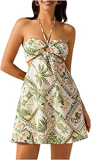 Women's Summer Tropical Print Mini Dress Sundress 2025 Halter Backless Cut Out Short Dresses