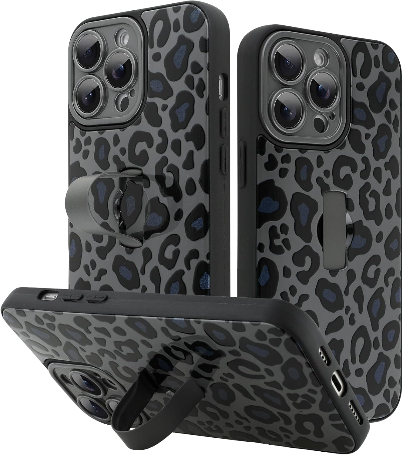 KANGHAR for iPhone 14 Pro Case Black Leopard Print Pattern Cute Cheetah Wristband Stand Phone Cover for Women Girls Men Shockproof Slim Protective Cover for iPhone 14 Pro 6.1 Inch