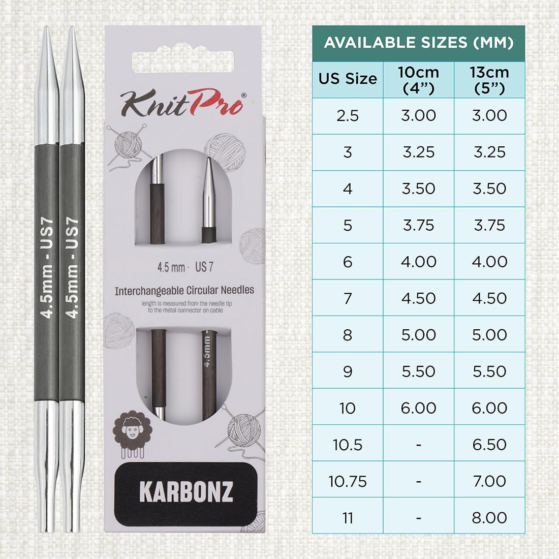 KnitPro Karbonz Interchangeable Circular Needles 4"(10cm) | US Size 7 (4.5mm)
