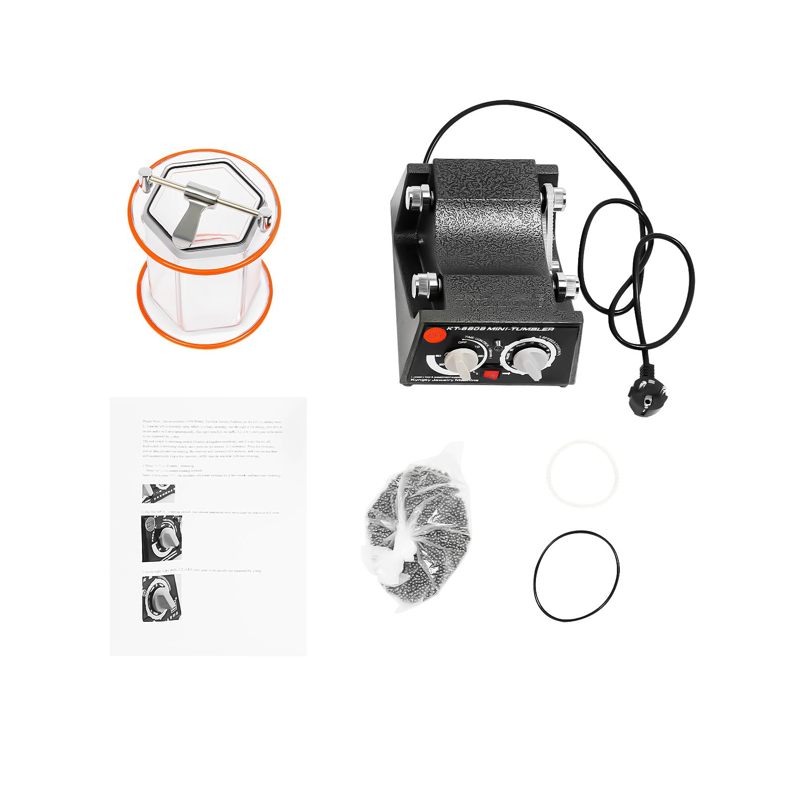 Máquina pulidora de joyas, pulidora de mesa de 60 W con 5 velocidades y temporizador, motor CC de hasta 3000 rpm, tambor visible, ideal para desbarbado, pulido de oro/plata/monedas