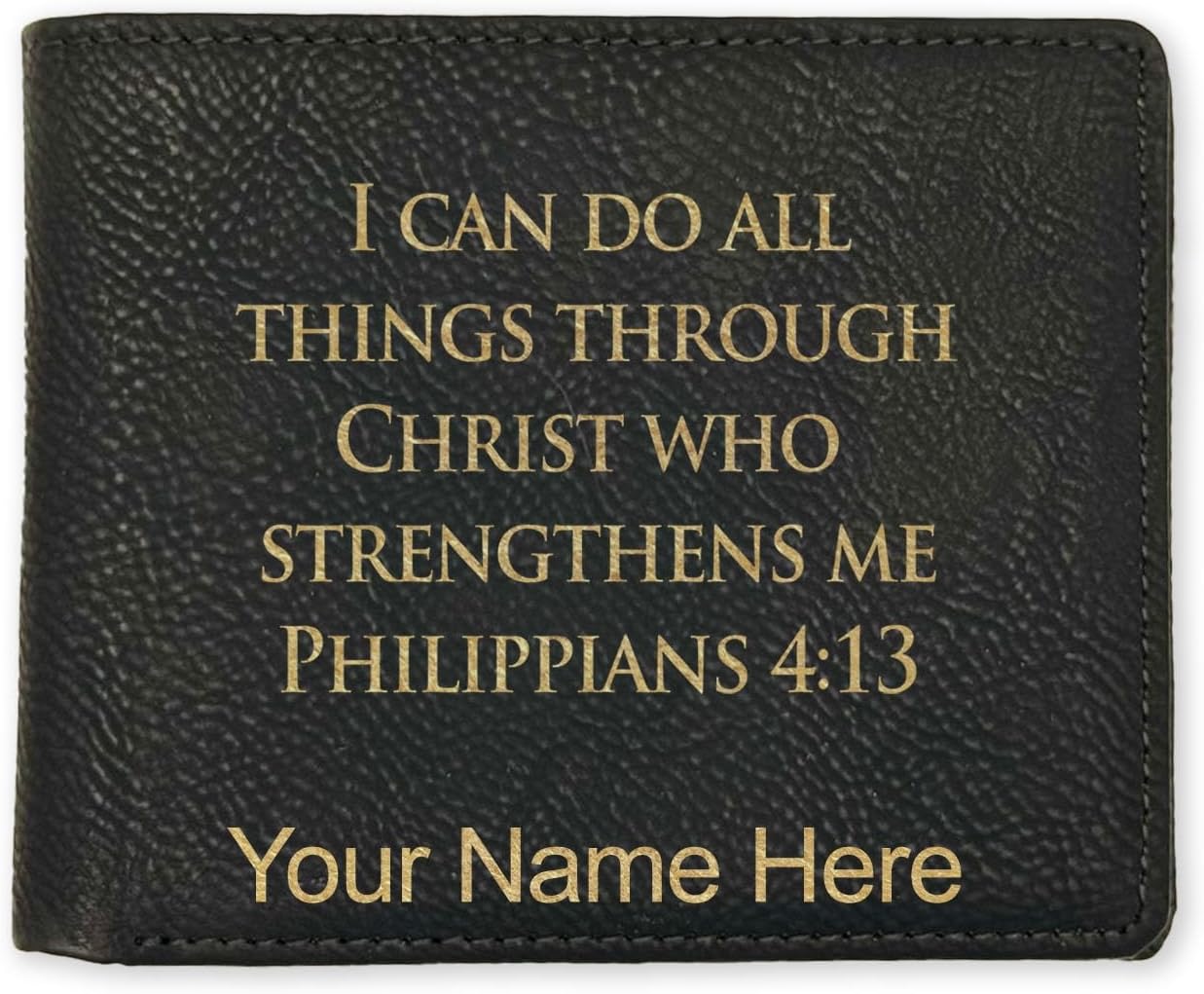 LaserGram Faux Leather Bi-Fold Wallet, Bible Verse Philippians 4-13, Personalized Engraving Included (Carbon Fiber Black with Silver)