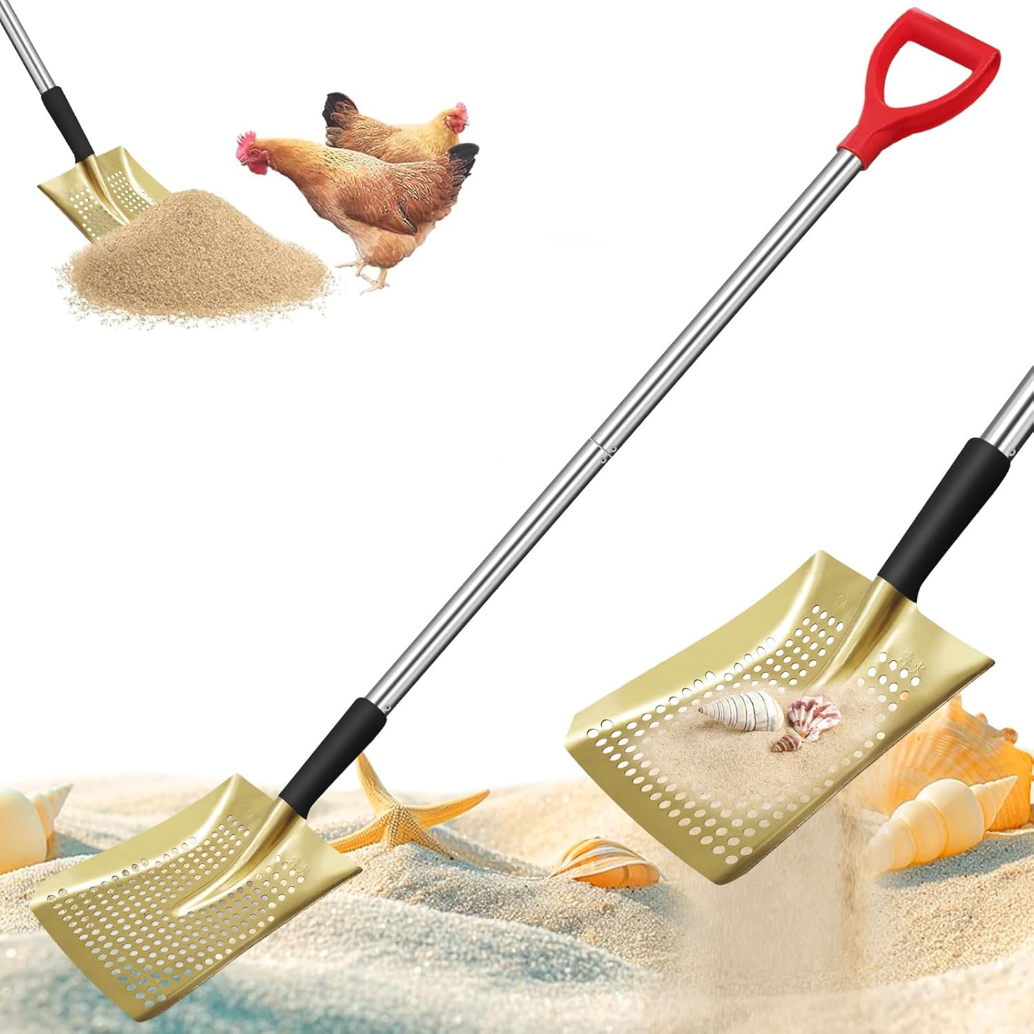 Sifting Shovel, Heavy Duty Metal Sand Sifter for The Beach, 53.5" Long Sand Sifter Shovel for Beach Fun, Chicken Coop, Farm Goat Stall Sand Poop Cleaning, with Ergonomic D-Grip Handle (Gold)
