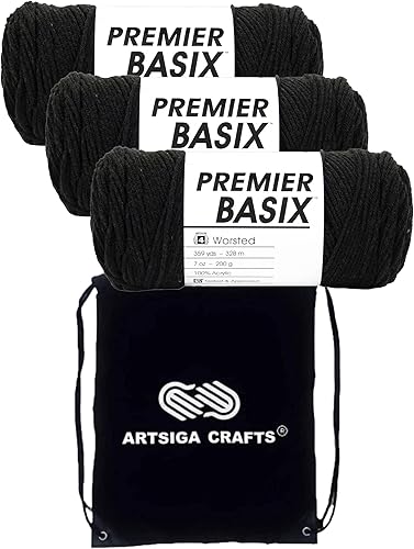 Premier Yarns Basix Charcoal 1115-47 (3 madejas, el mismo lote de tinte) estambre mediano #4 para ganchillo y tejer con bolsa de proyectos