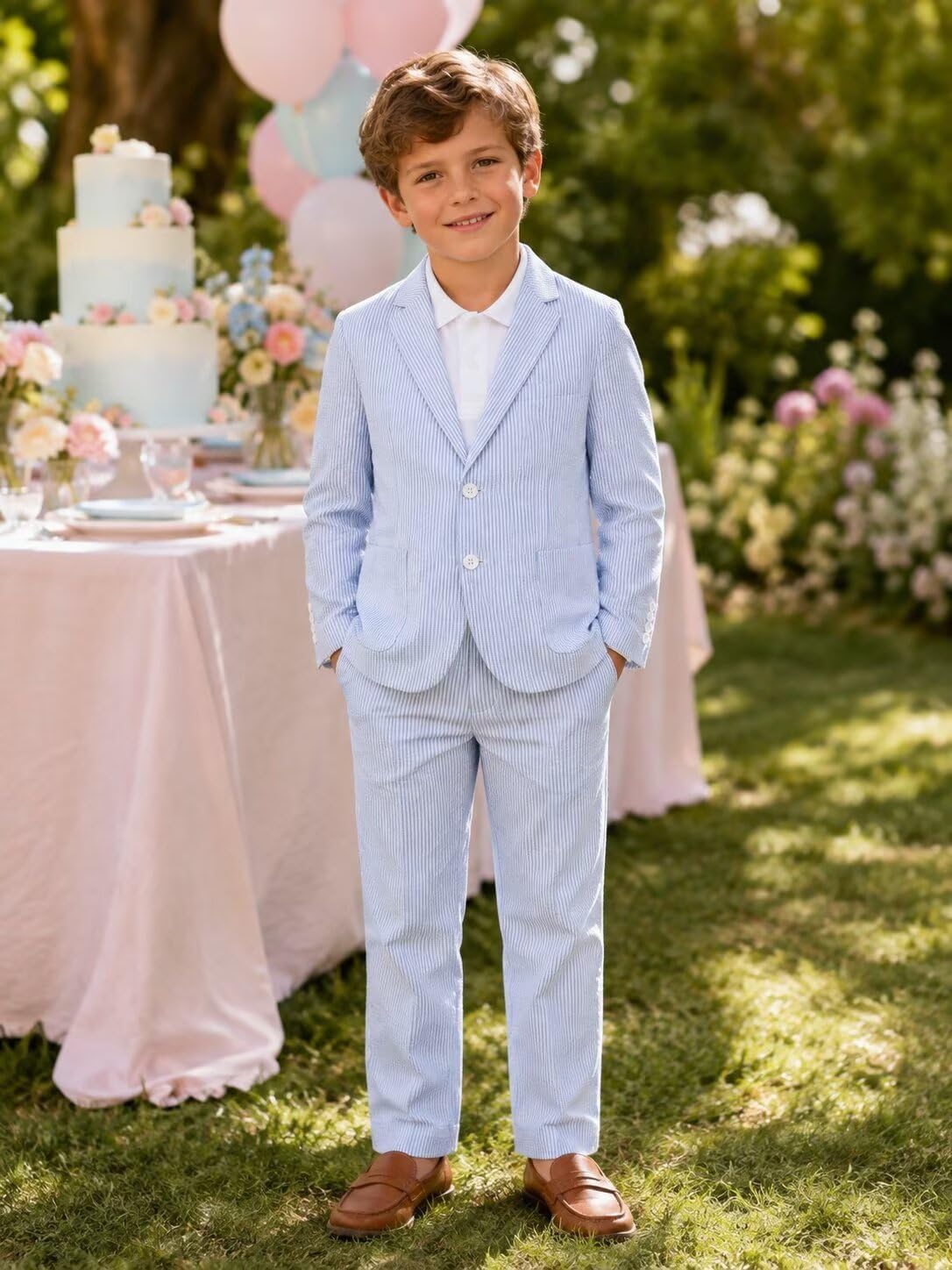 Boys Seersucker Suit 2 Piece Striped Tuxedo Blazer Pants for Boy