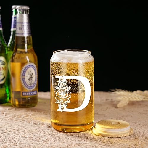 Miniatura 160 de Coolife Vaso de vidrio con inicial, regalos con monograma para mujer, tazas de vidrio de 16 onzas con tapas y pajitas, vaso de cerveza para batido