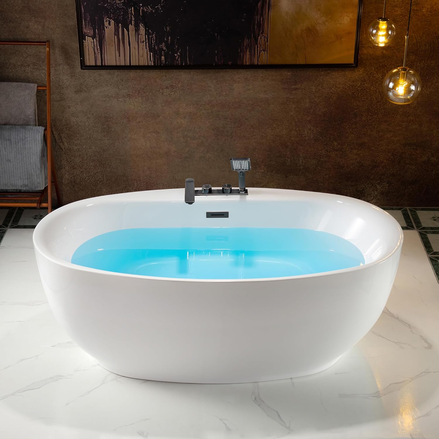 WOODBRIDGE 66" Acrylic Freestanding Bathtub Contemporary Soaking White Tub with F0044 Deck-Mount Faucet in Oil Rubbed Bronze