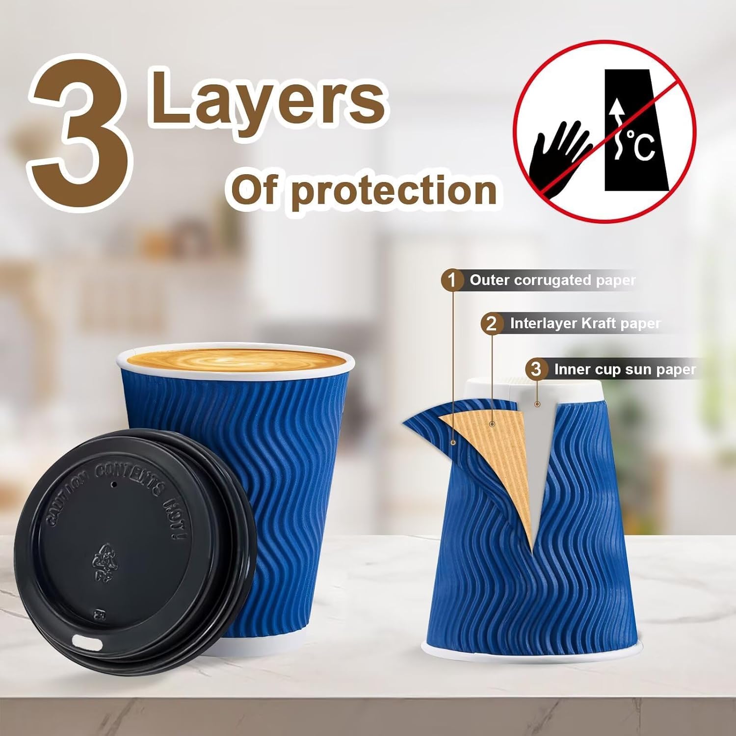 100 Pack Coffee Cups with Lids 12oz, Disposable Insulated Ripple Wall To Go Paper Coffee Cups for Hot/Cold Drinks Office Home Shop Event (Navy) - Image 4