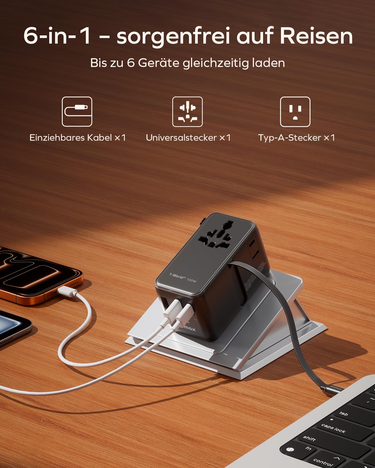 MOMAX Adattatore da viaggio universale da 100 W con cavo estensibile, spina da viaggio universale con 2 prese CA, 3 porte USB C e 1 porte USB A, adattatore da viaggio internazionale - Nero