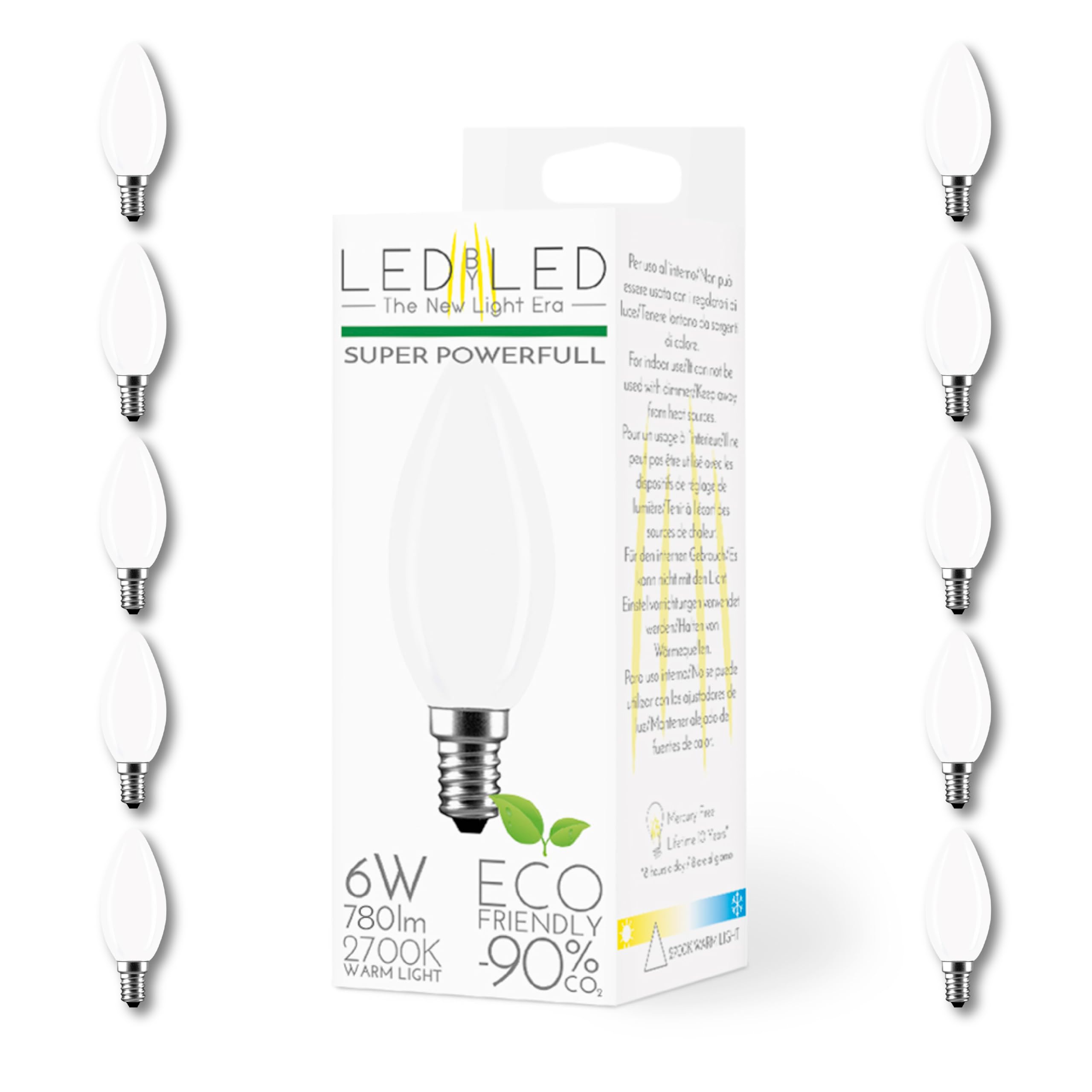 Lampadina Oliva 6W Pari a 60W, E14, Vetro Milky, 2700K Luce Naturale, filamento LED dritto, 780 Lumen, Pack 10 Pezzi