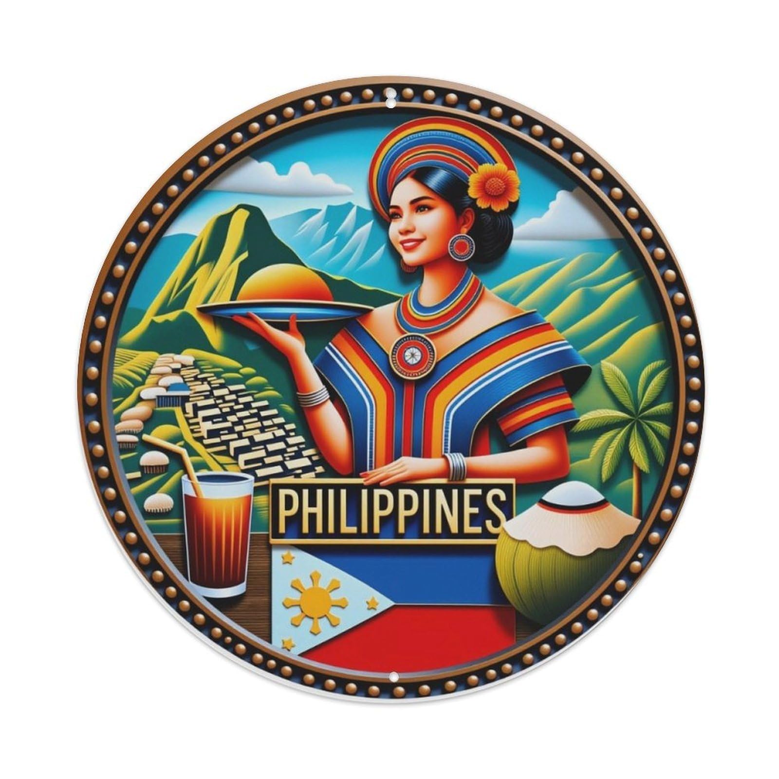 Philippines Folk Custom Scenery Round Decor Sign Vintage Aluminium Metal Sign, Retro Wall Decor for Home, Bar, Garage & Farmhouse 20x20cm