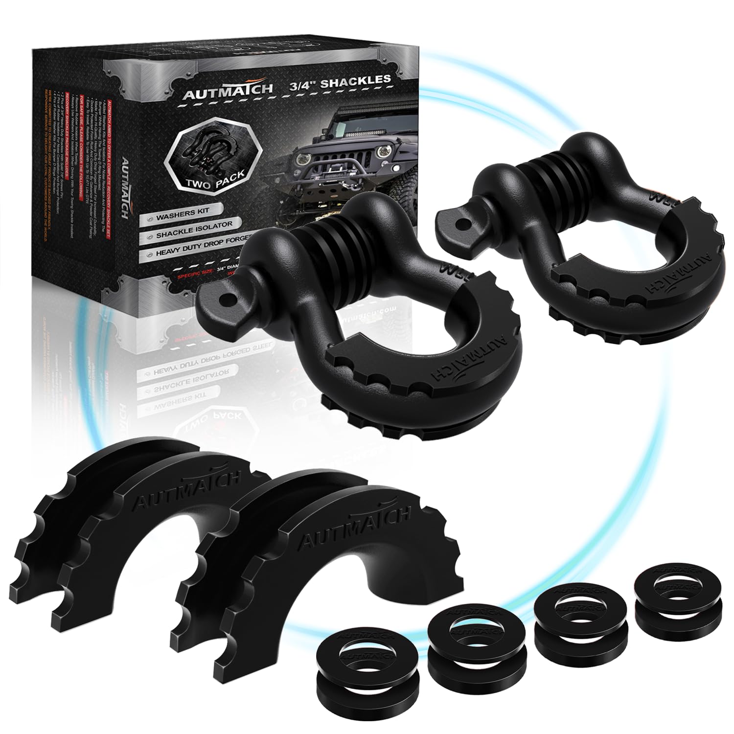AUTMATCH 3/4" D-Ring Shackles (2 Pack) 41,887Ibs Break Strength with 7/8" Screw Pin and Shackle Isolator Washers Kit for Tow Strap Truck Off Road Vehicle Recovery, Frosted Black