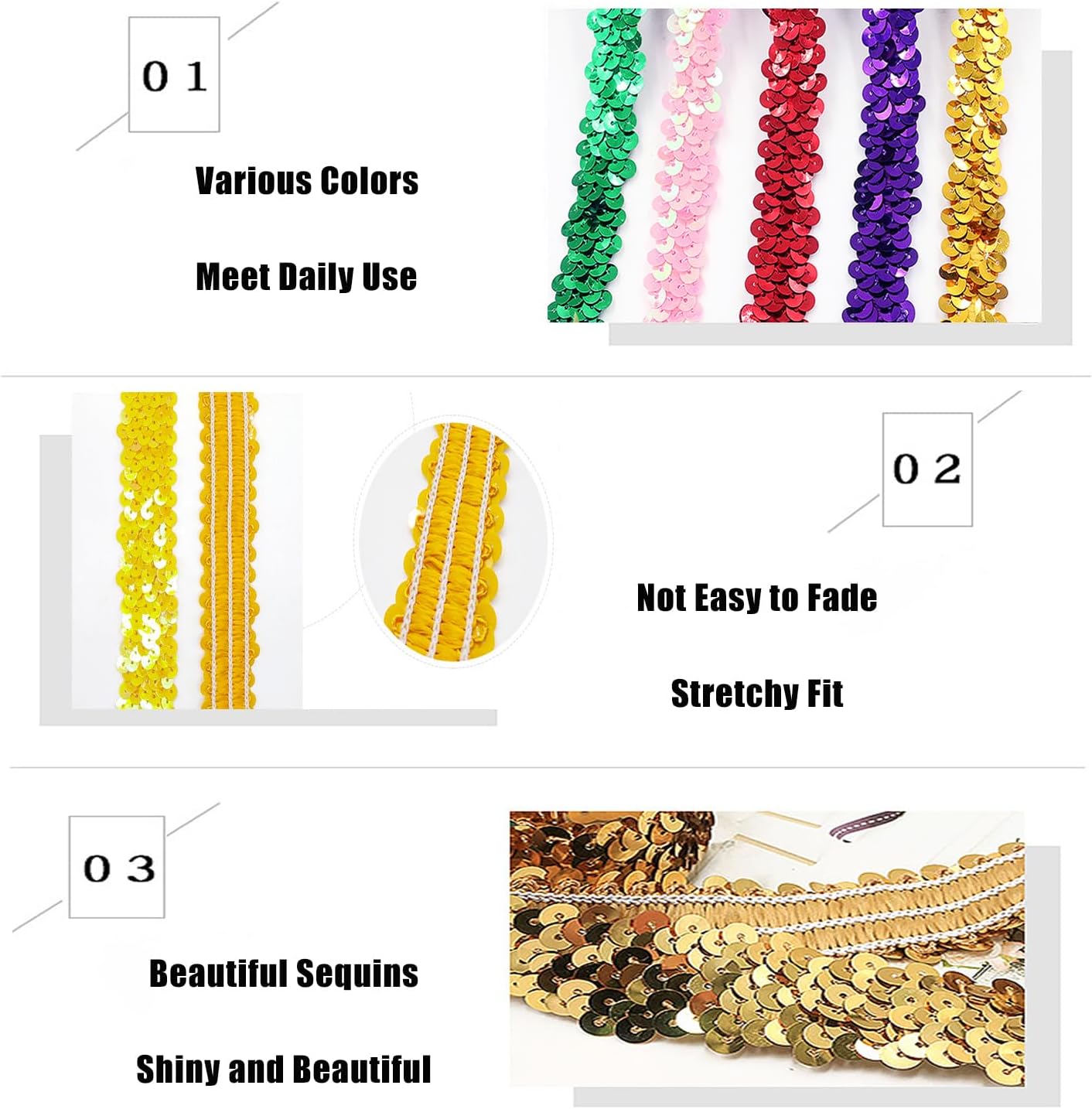 1 Inch Wide x 10 Yards Elastic Sequin Trim - Sparkly Stretch Glitter Ribbon for Sewing, Crafts, Clothing Decoration, Costume DIY (Gold)