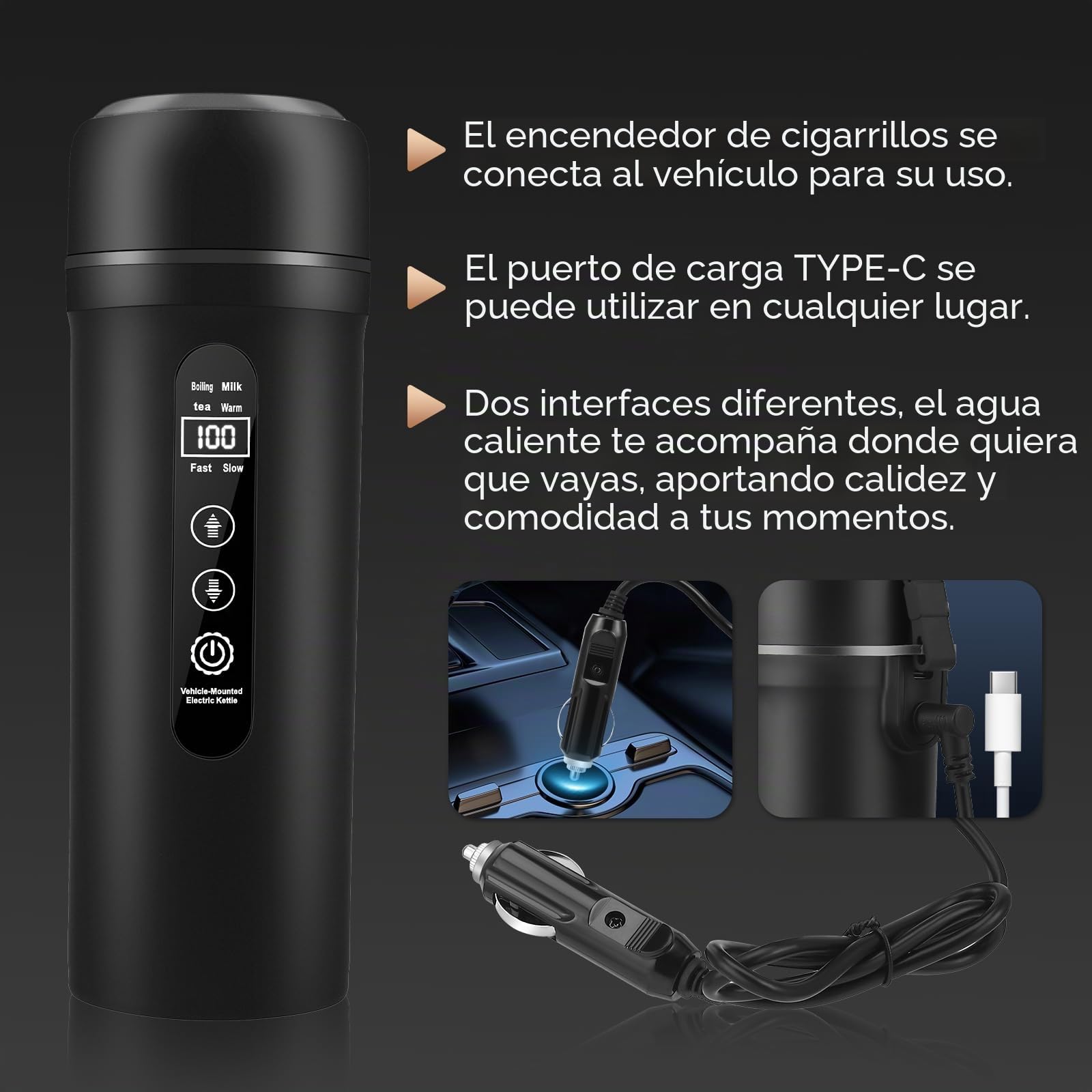 Hervidor eléctrico para coche de 12V/24V, pequeño hervidor de agua eléctrico para viajes, hervidor de agua portátil de 500ml para preparar café y té, pantalla LCD, taza calefactora para auto(Black)